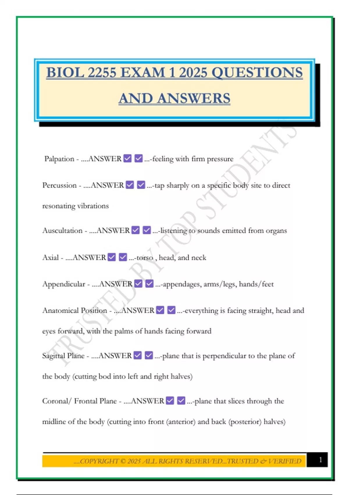 BIOL 2255 EXAM 1 2025 QUESTIONS AND ANSWERS - BIOL 2255 - Stuvia US