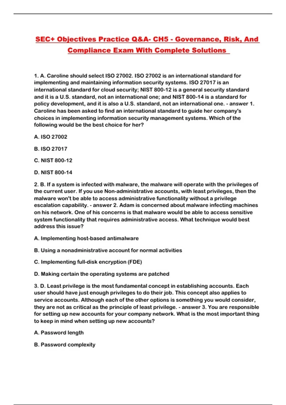 SEC+ Objectives Practice Q&A- CH5 - Governance, Risk, And Compliance ...