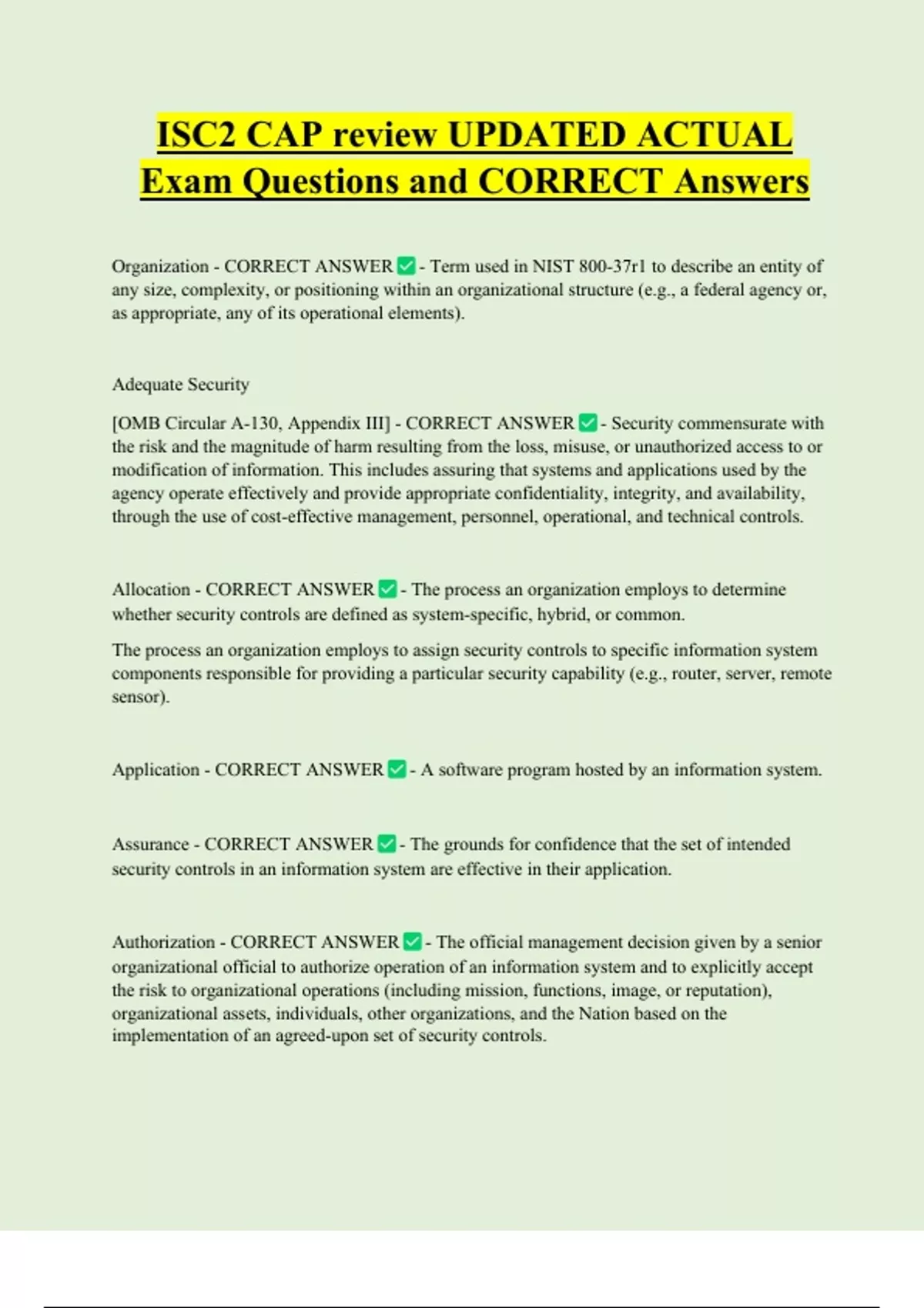 ISC2 CAP review UPDATED ACTUAL Exam Questions and CORRECT Answers - CAP ...