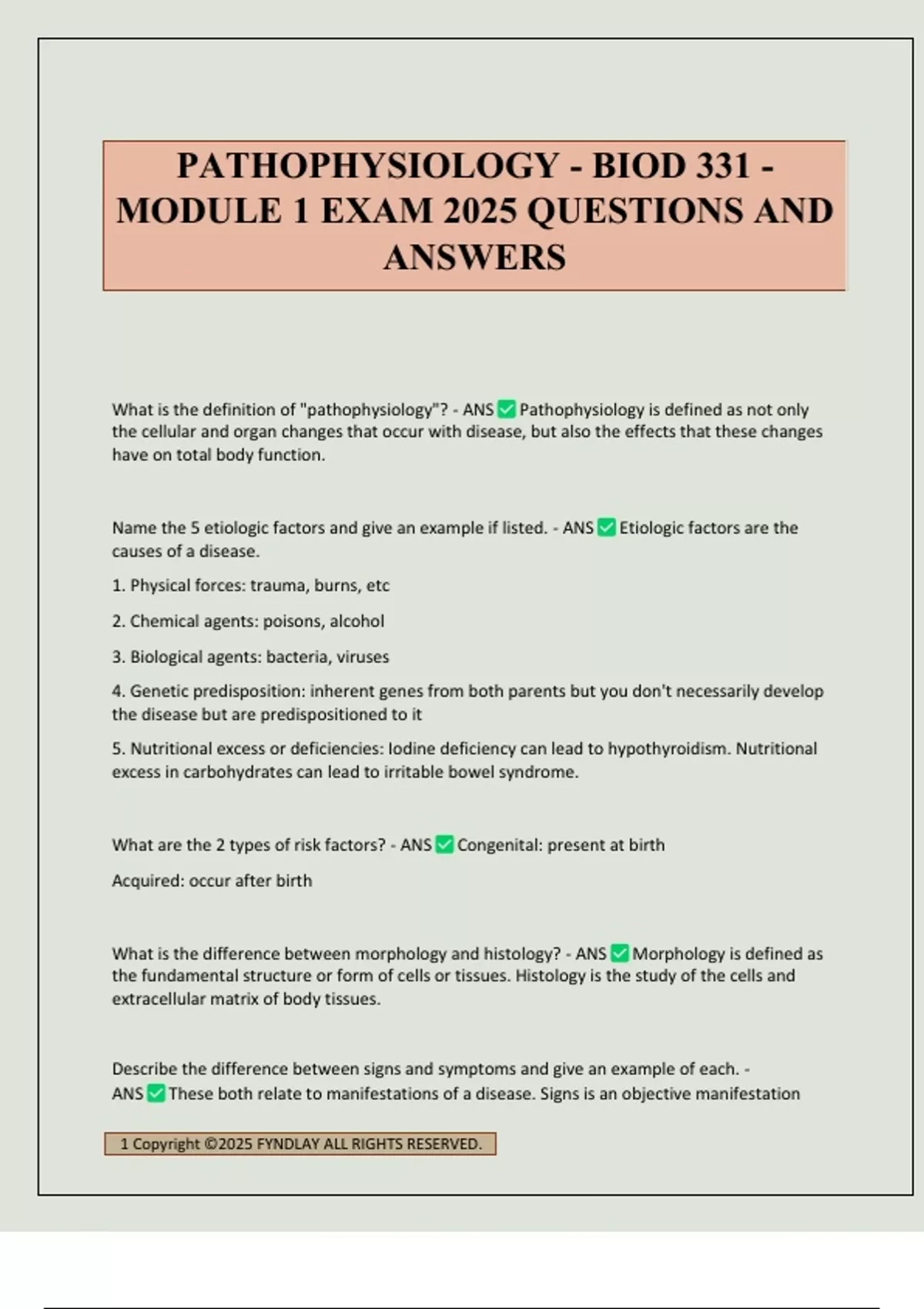 PATHOPHYSIOLOGY - BIOD 331 - MODULE 1 EXAM 2025 QUESTIONS AND ANSWERS ...