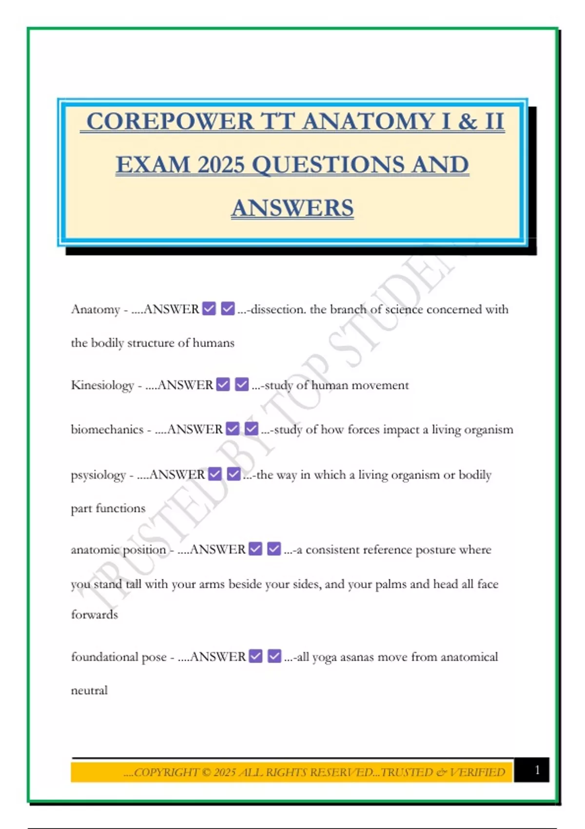 I Corepower COREPOWER TT ANATOMY I & II EXAM 2025 QUESTIONS AND ANSWERS - CORE ...