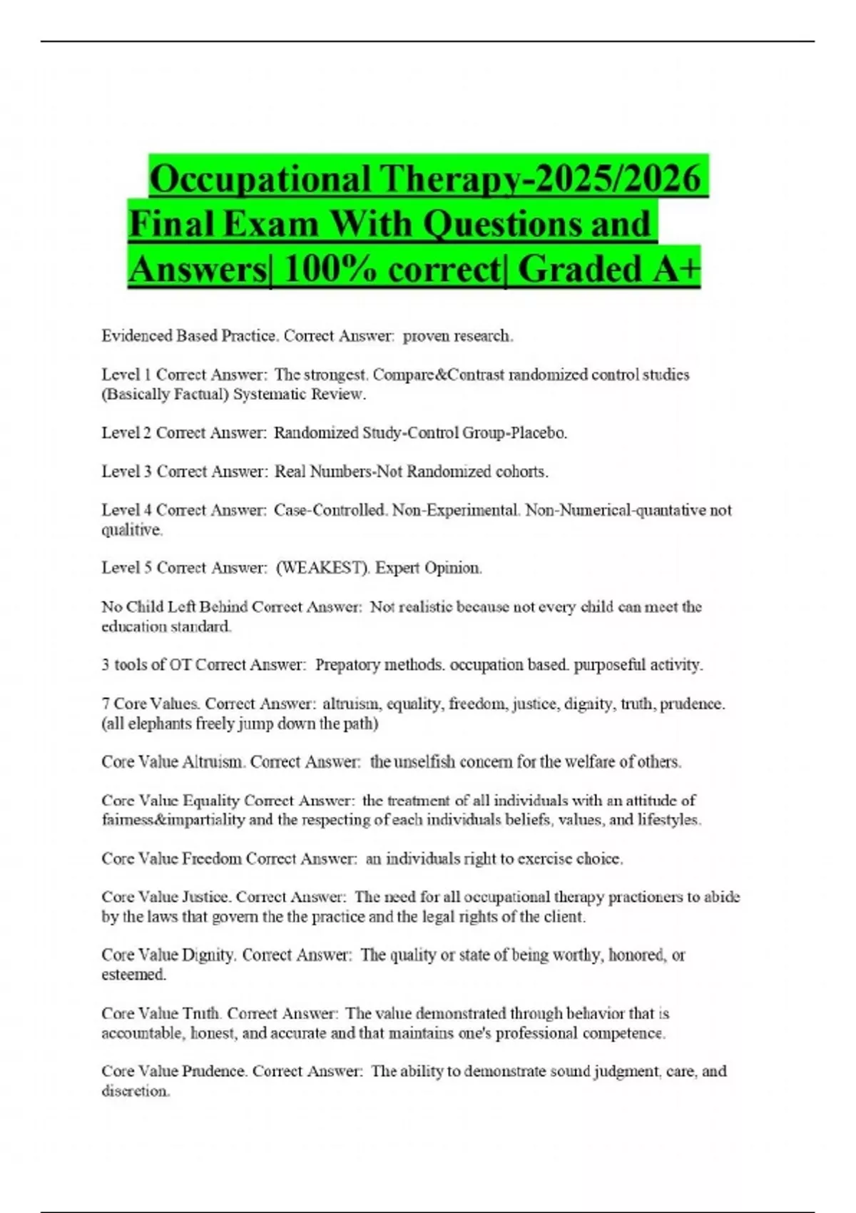 Ot Questions Occupational Therapy-2025/2026 Final Exam With Questions and Answers ...