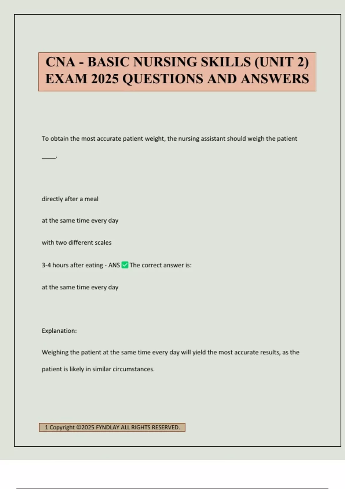 CNA - BASIC NURSING SKILLS (UNIT 2) EXAM 2025 QUESTIONS AND ANSWERS ...