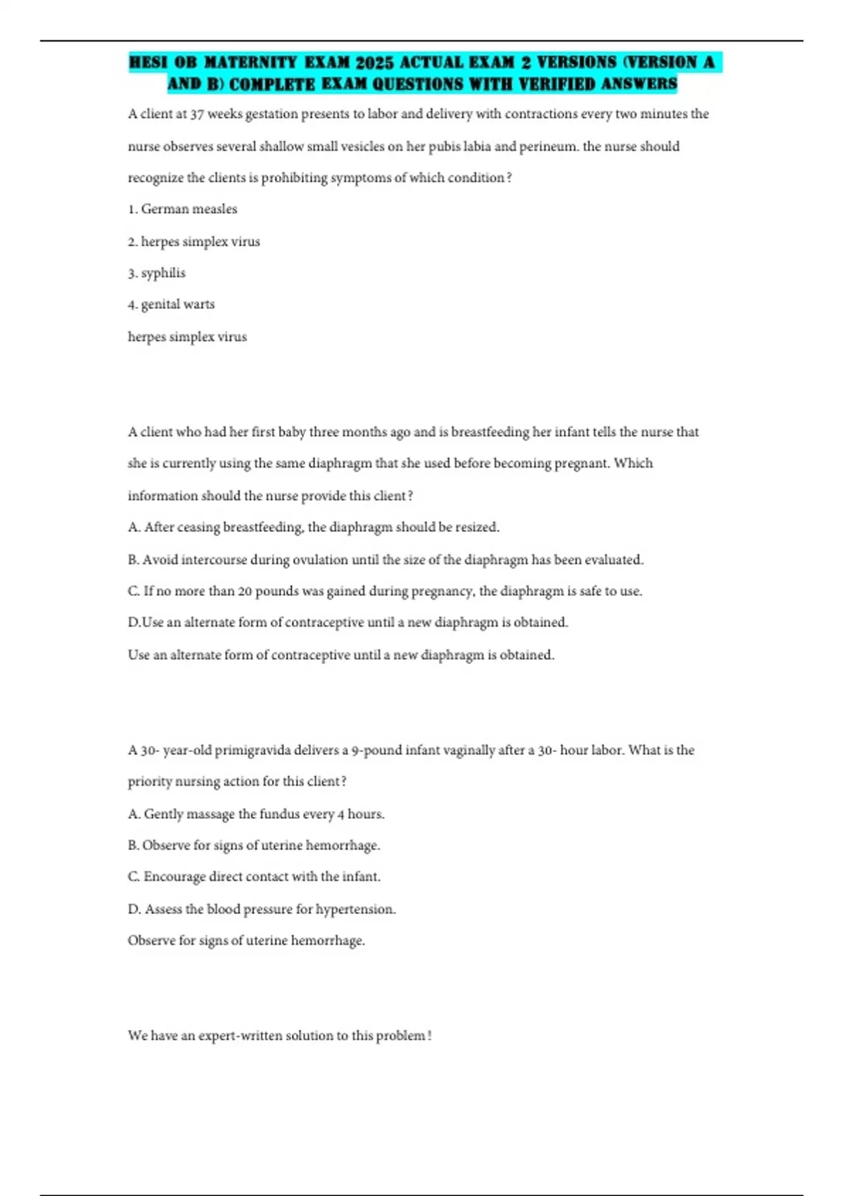 HESI OB MATERNITY EXAM 2025 ACTUAL EXAM 2 VERSIONS (VERSION A AND B ...