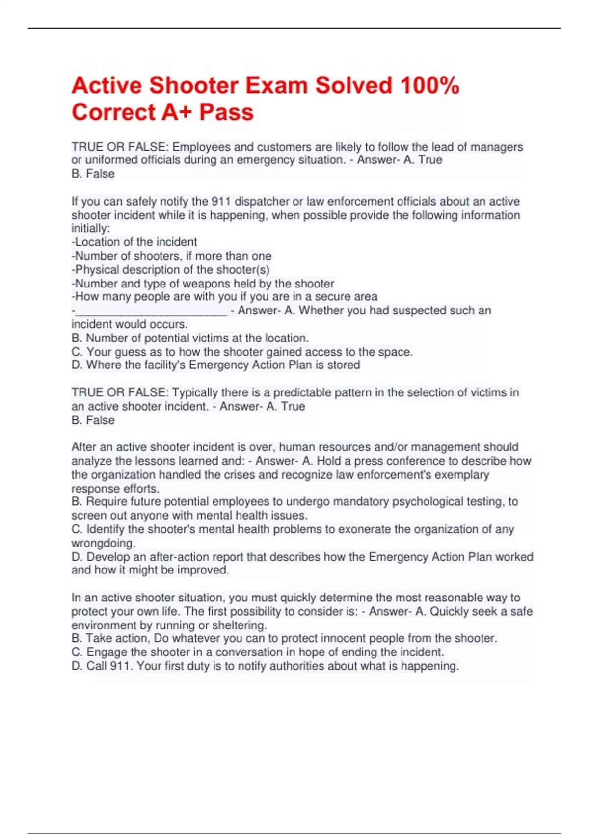 Active Shooter Exam Solved 100% Correct A+ Pass - Active Shooter ...