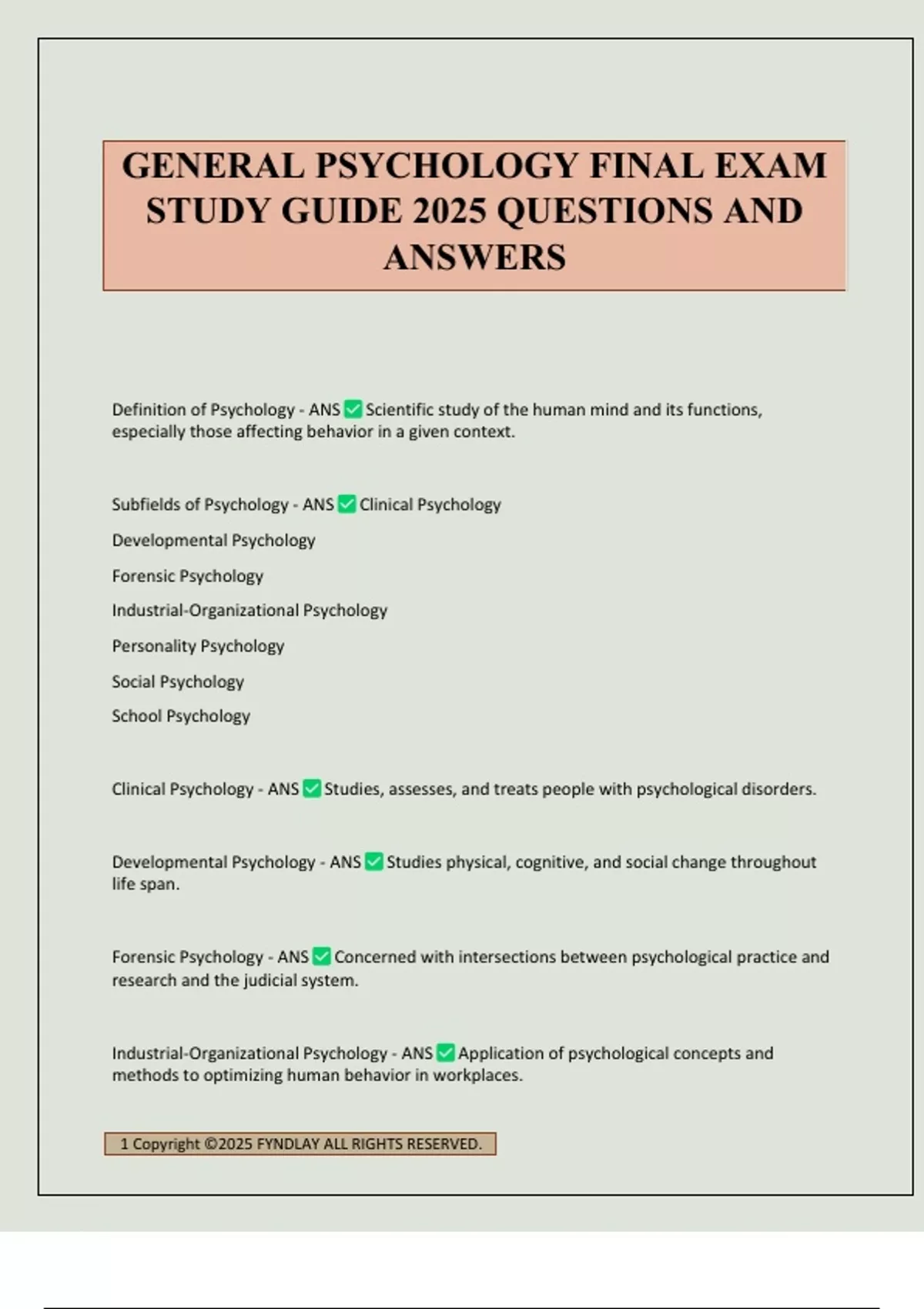 GENERAL PSYCHOLOGY FINAL EXAM STUDY GUIDE 2025 QUESTIONS AND ANSWERS ...