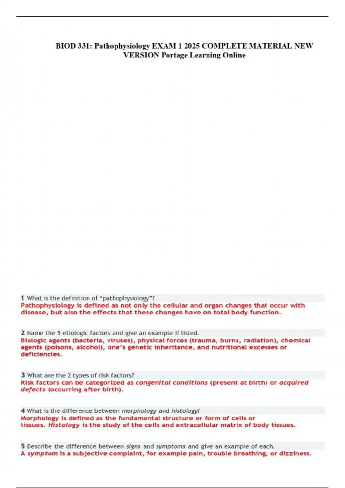 BIOD 331: Pathophysiology EXAM 1 2025 COMPLETE MATERIAL NEW VERSION ...