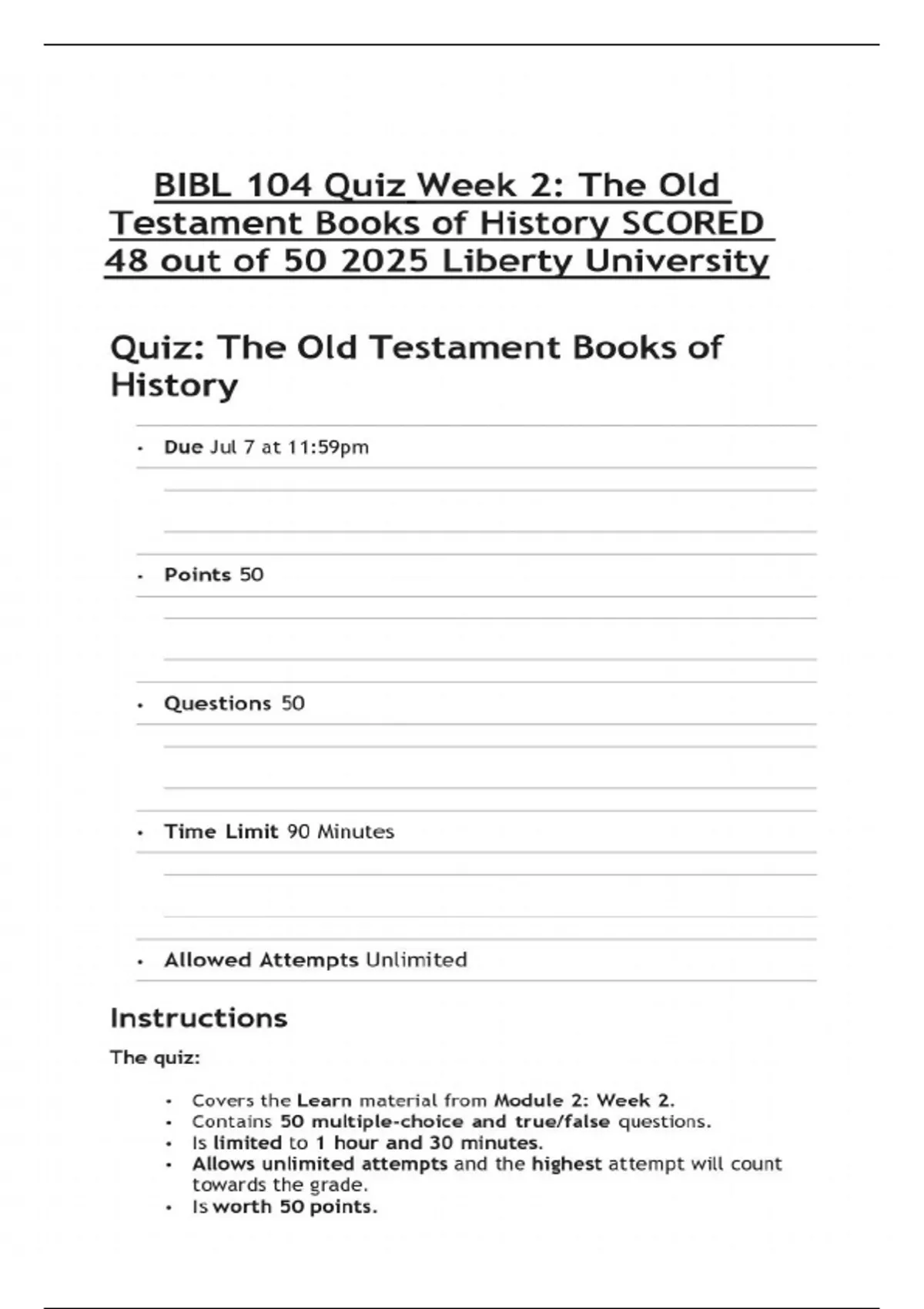 BIBL 104 Quiz Week 2: The Old Testament Books of History SCORED 48 out ...