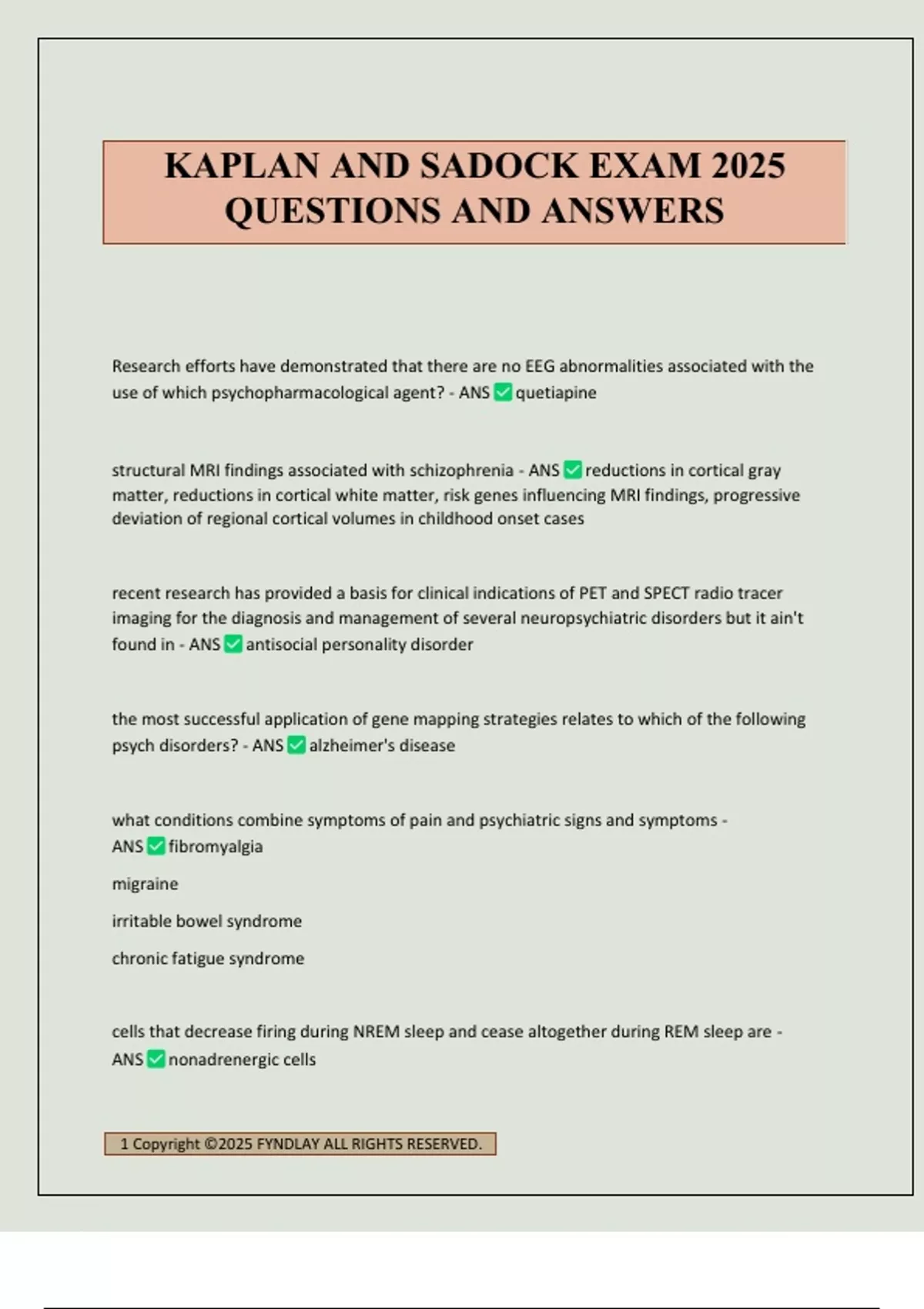 KAPLAN AND SADOCK EXAM 2025 QUESTIONS AND ANSWERS KAPLAN Stuvia US
