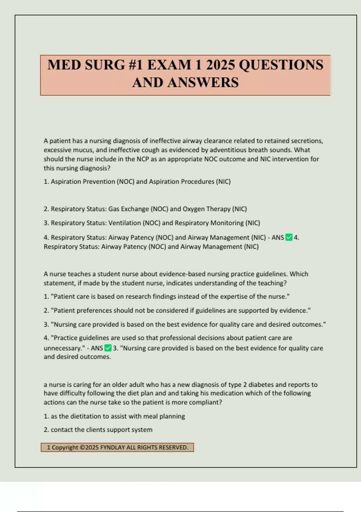 MED SURG #1 EXAM 1 2025 QUESTIONS AND ANSWERS - MED SURG - Stuvia US
