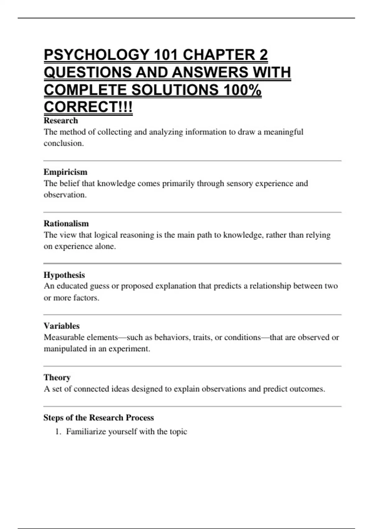 PSYCHOLOGY 101 CHAPTER 2 QUESTIONS AND ANSWERS WITH COMPLETE SOLUTIONS ...