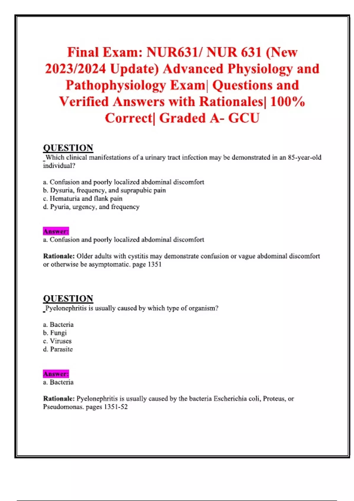 Final Exam NUR631, NUR 631 (New 2023, 2024 Update) Advanced Physiology ...