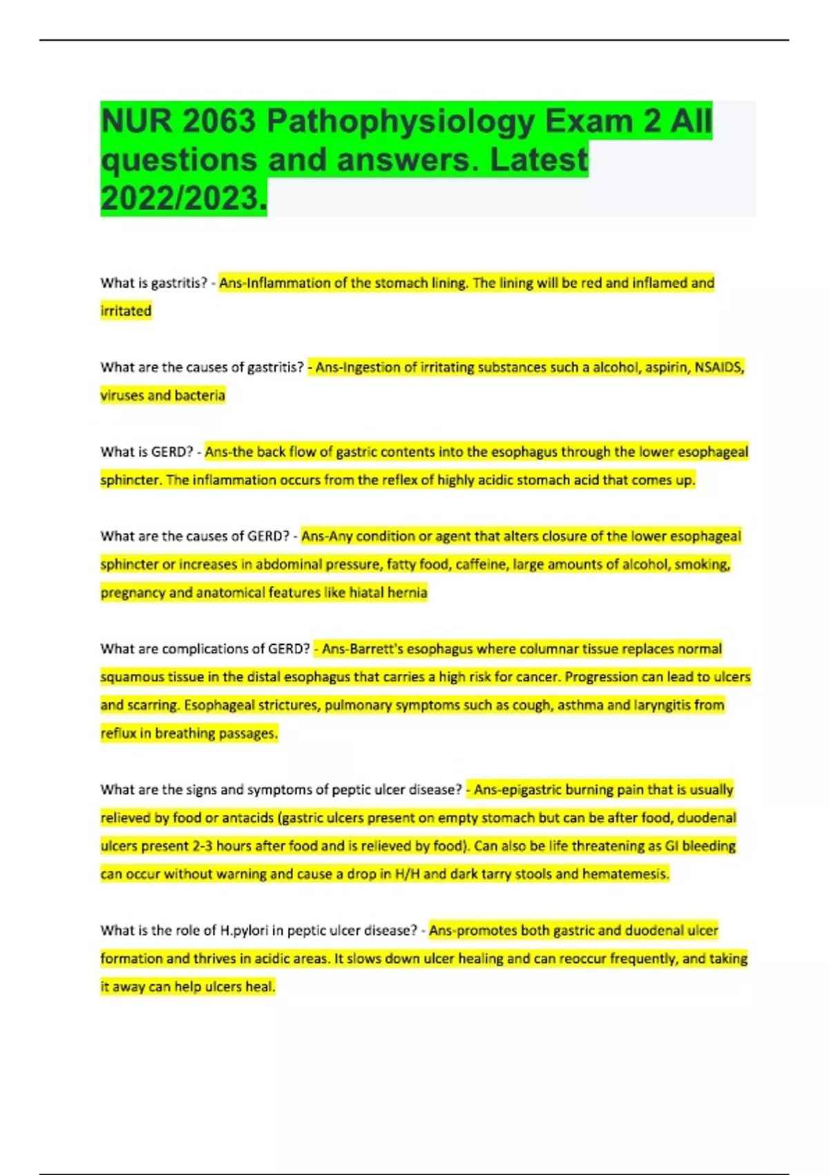 NUR 2063 Pathophysiology Exam 2 All questions and answers. Latest ...
