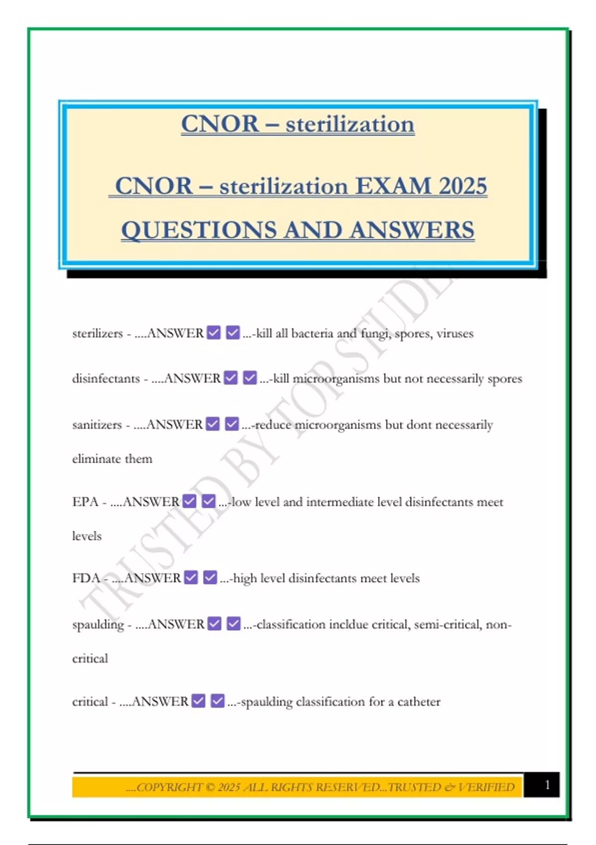 CNOR – sterilization CNOR – sterilization EXAM 2025 QUESTIONS AND ...
