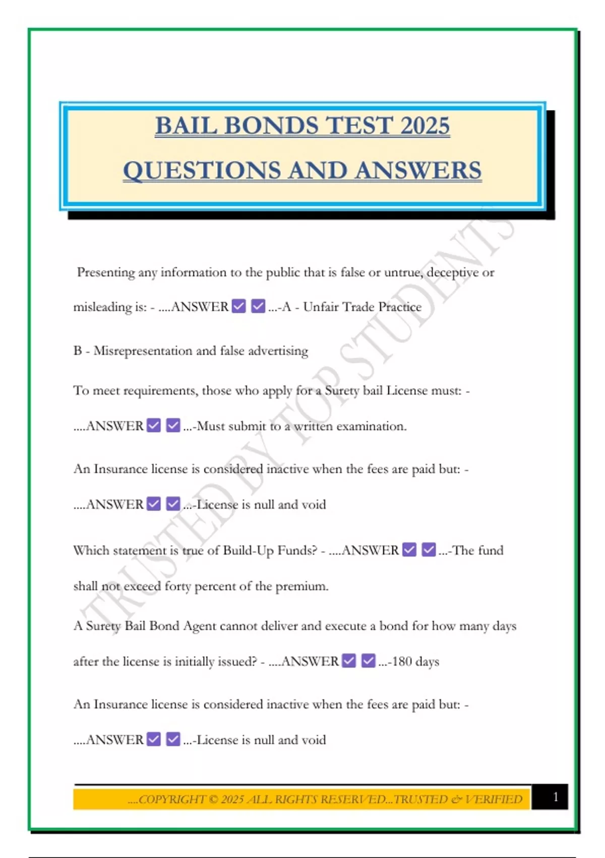 BAIL BONDS TEST 2025 QUESTIONS AND ANSWERS - Bail bond - Stuvia US