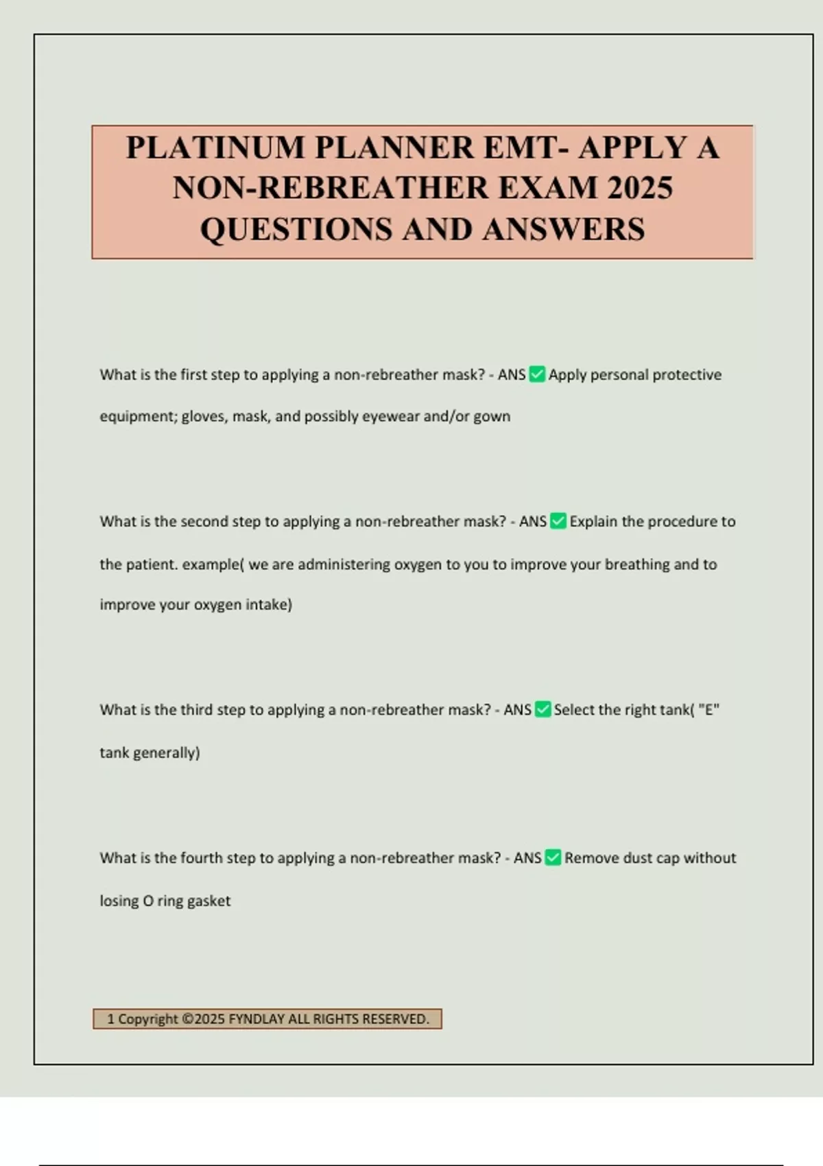 PLATINUM PLANNER EMT- APPLY A NON-REBREATHER EXAM 2025 QUESTIONS AND ...