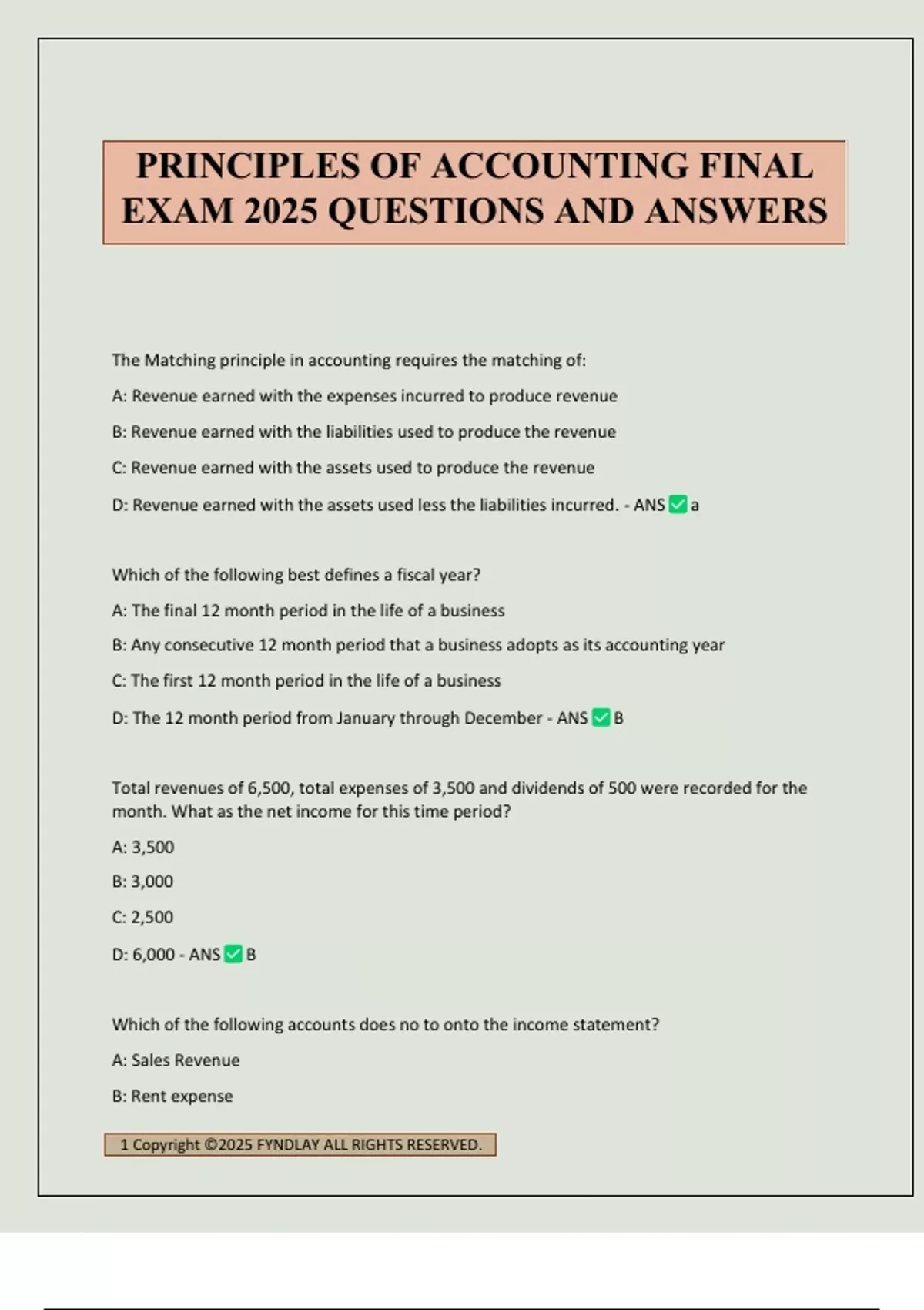 PRINCIPLES OF ACCOUNTING FINAL EXAM 2025 QUESTIONS AND ANSWERS ...