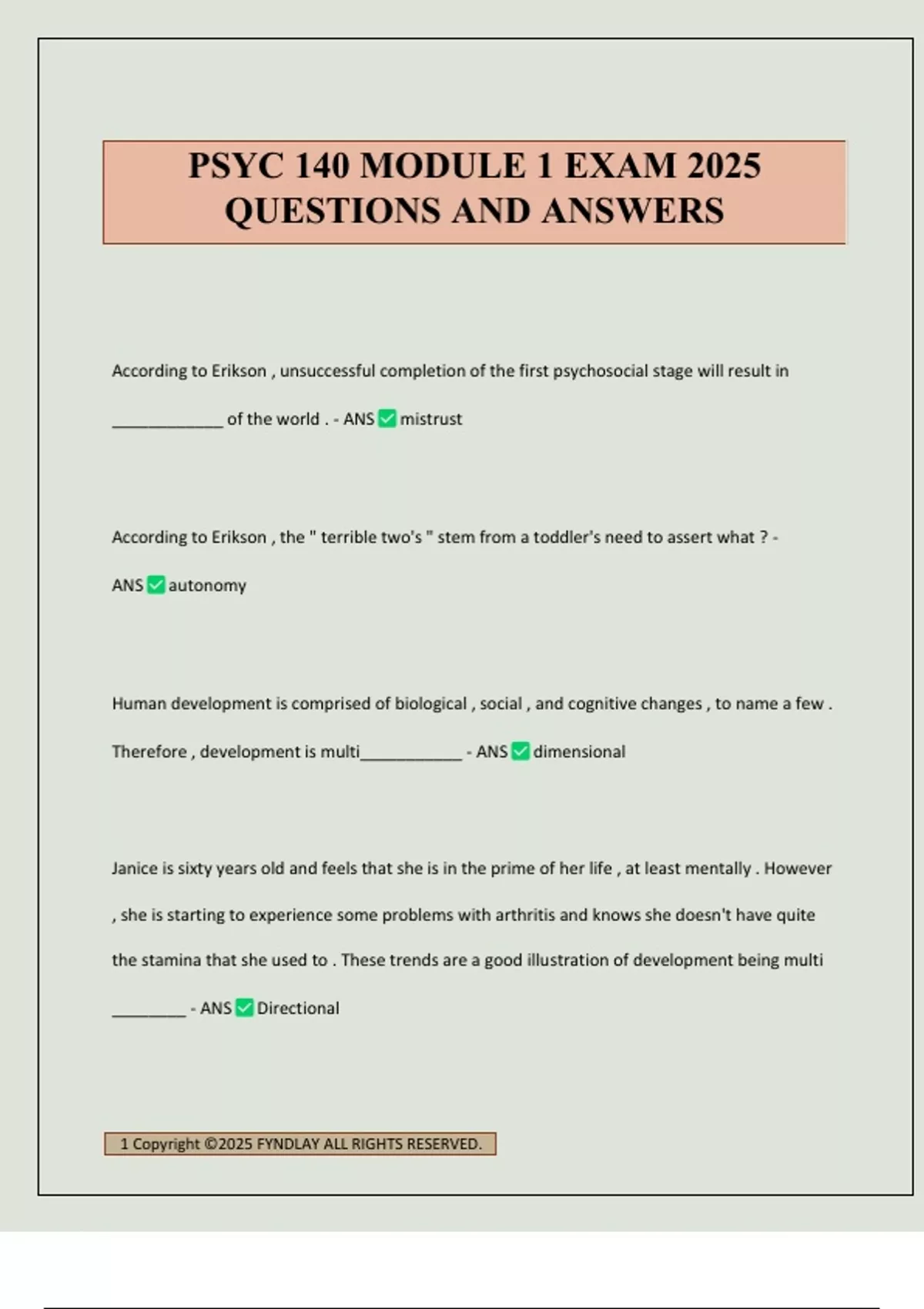 PSYC 140 MODULE 1 EXAM 2025 QUESTIONS AND ANSWERS - PSYC 140 - Stuvia US