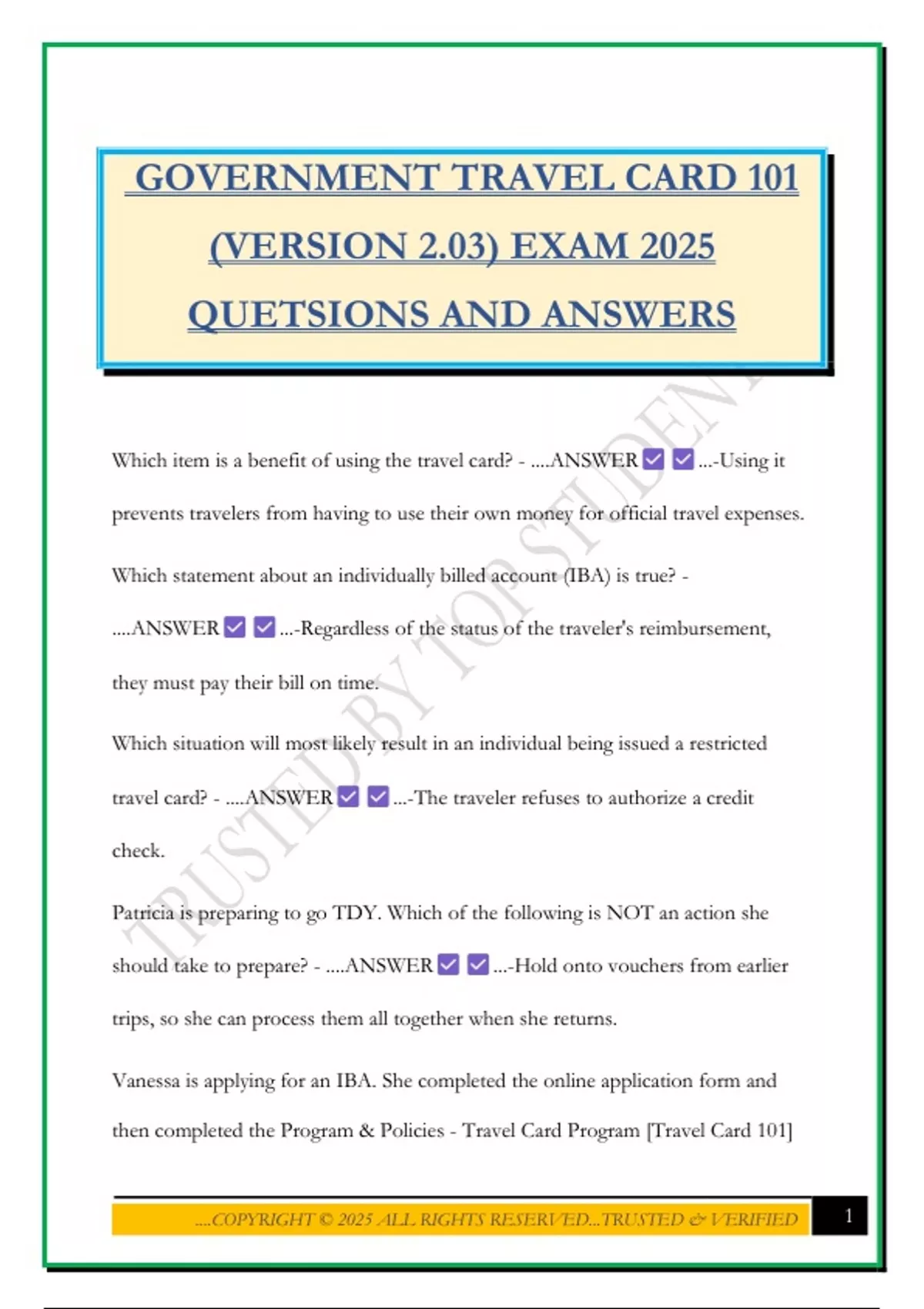 GOVERNMENT TRAVEL CARD 101 (VERSION 2.03) EXAM 2025 QUETSIONS AND ...