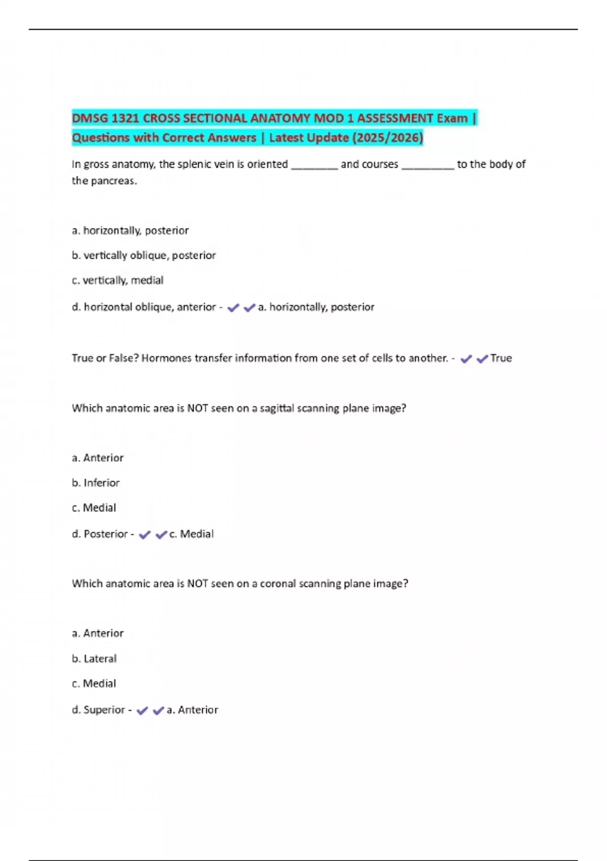 DMSG 1321 CROSS SECTIONAL ANATOMY MOD 1 ASSESSMENT Exam | Questions ...