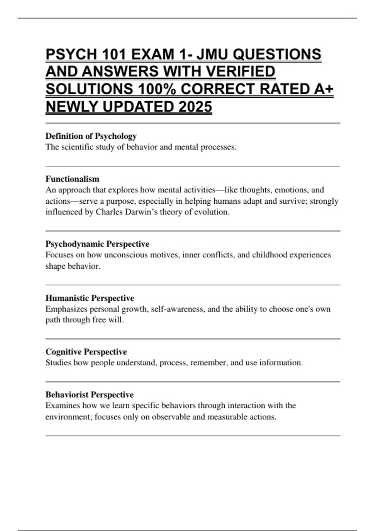 PSYCH 101 EXAM 1- JMU QUESTIONS AND ANSWERS WITH VERIFIED SOLUTIONS 100 ...