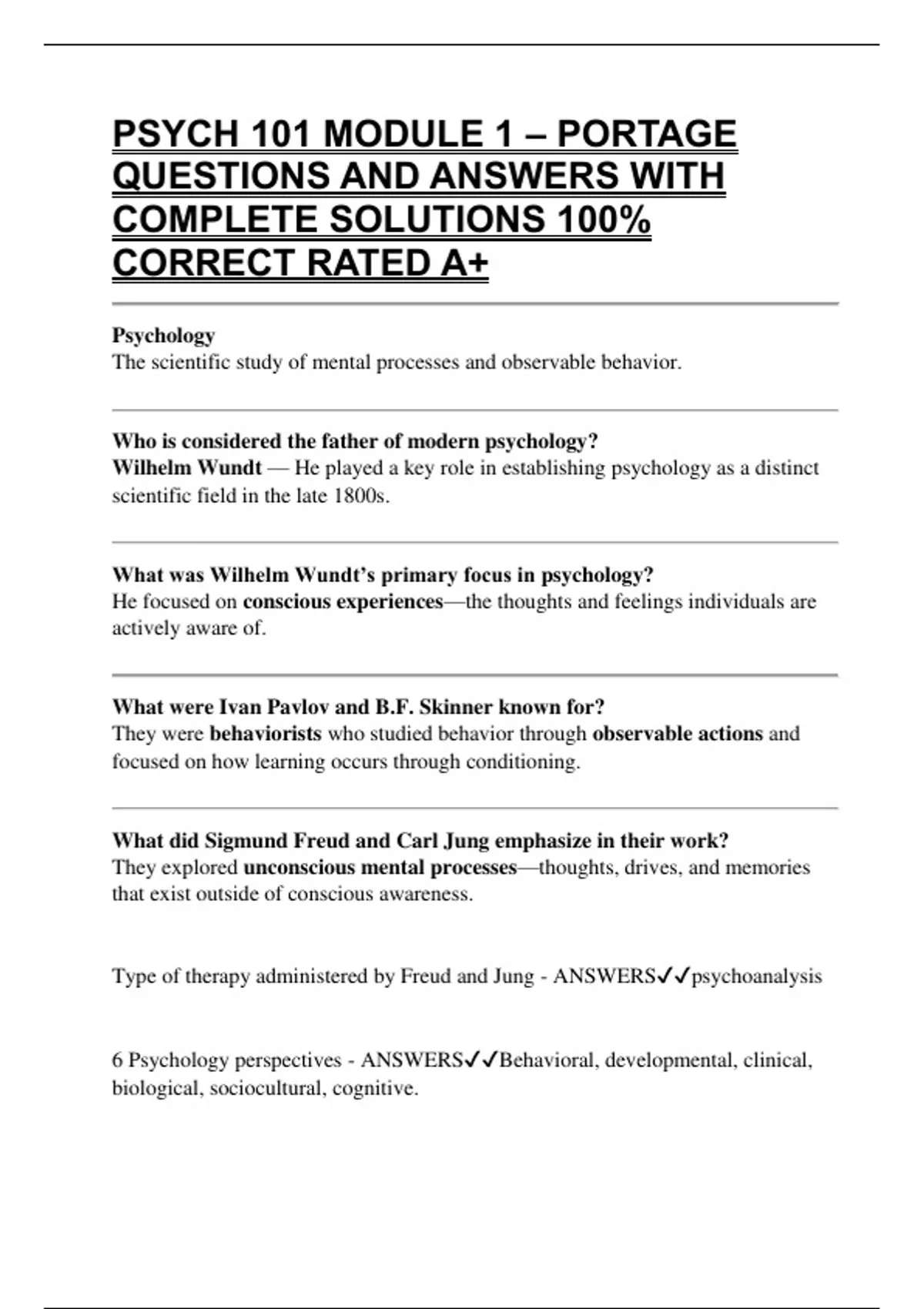 PSYCH 101 MODULE 1 – PORTAGE QUESTIONS AND ANSWERS WITH COMPLETE ...