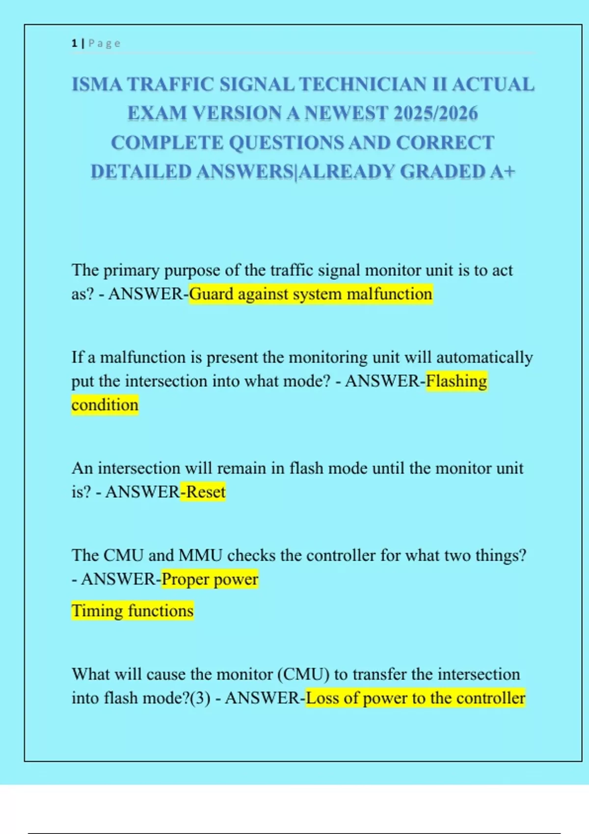 Signal Tech Ii ISMA TRAFFIC SIGNAL TECHNICIAN II ACTUAL EXAM VERSION A NEWEST 2025/ ...