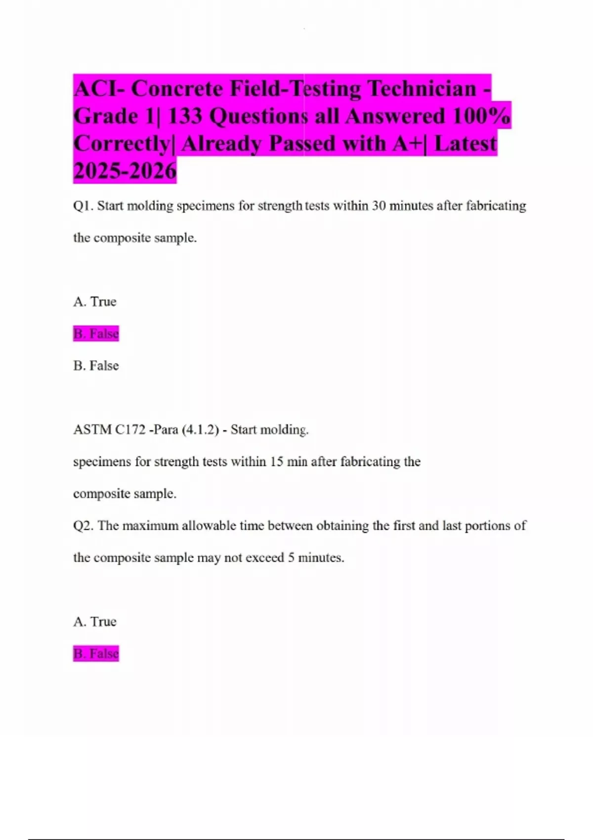 ACI- Concrete Field-Testing Technician - Grade 1| 133 Questions all ...