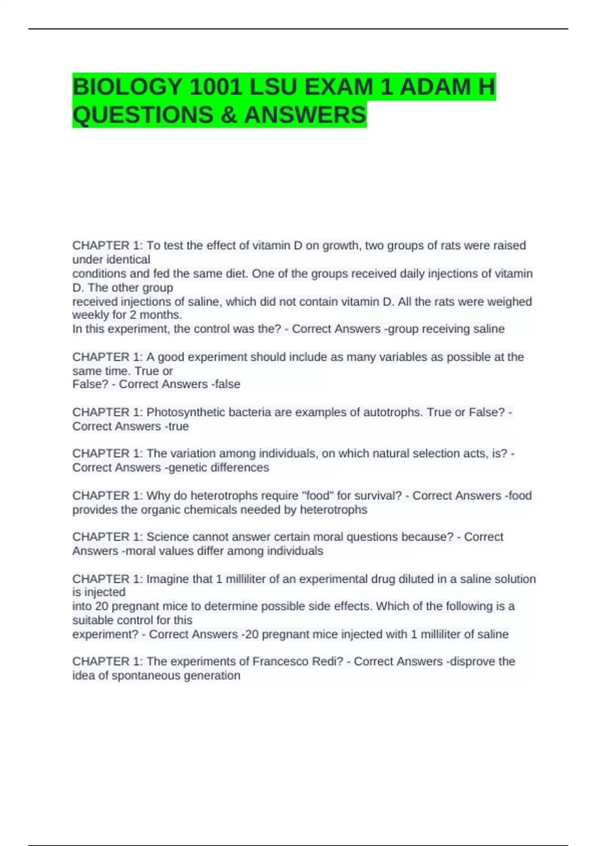 BIOLOGY 1001 LSU EXAM 1 ADAM H QUESTIONS WITH 100% CORRECT ANSWERS ...
