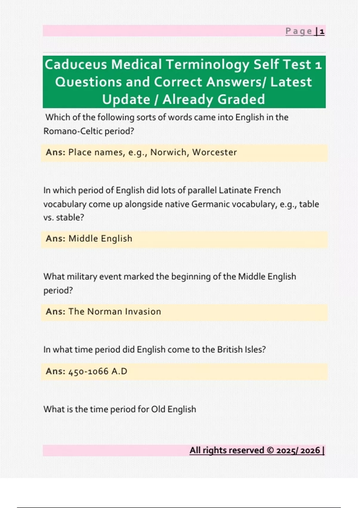 Caduceus Medical Terminology Self Test 1 Questions and Correct Answers ...