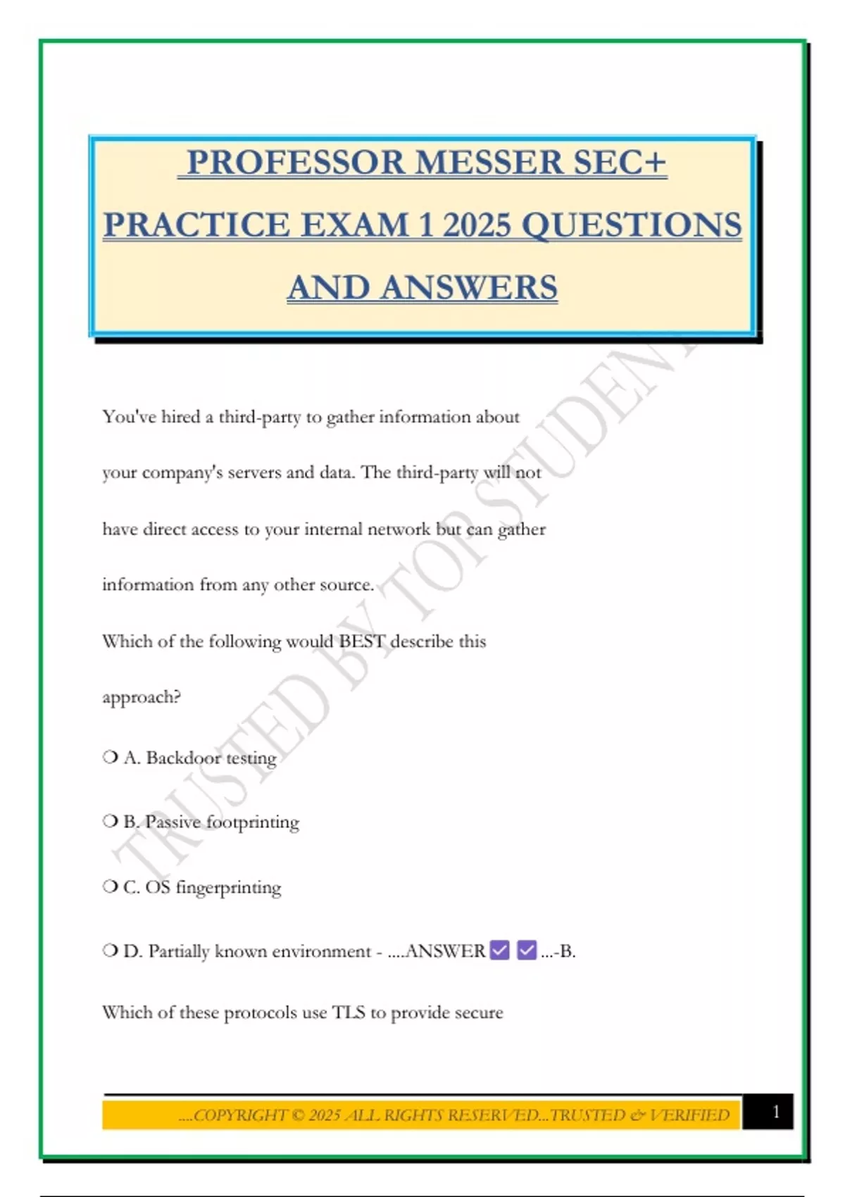 ROFESSOR MESSER SEC+ PRACTICE EXAM 1 2025 QUESTIONS AND ANSWERS ...