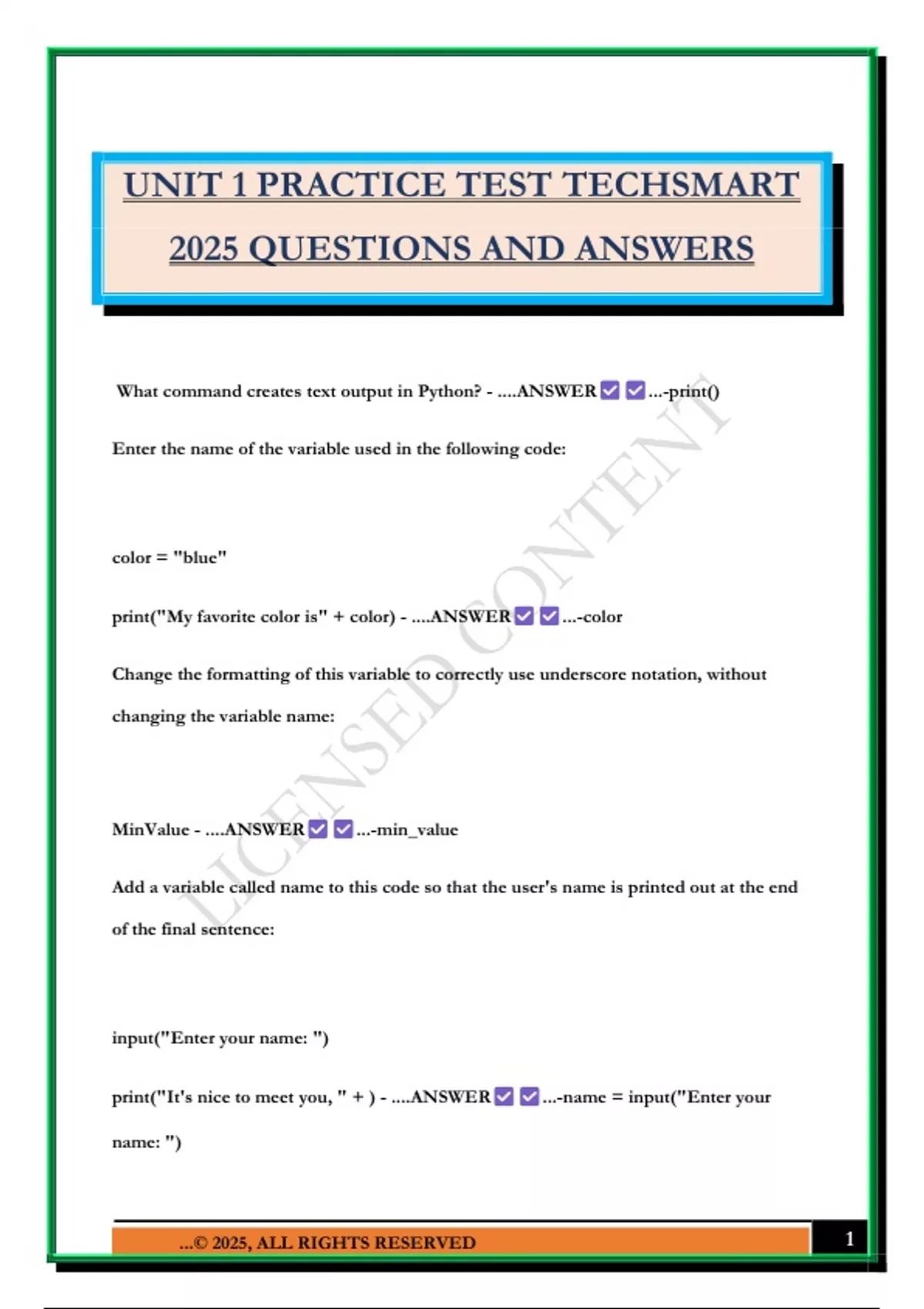 UNIT 1 PRACTICE TEST TECHSMART 2025 QUESTIONS AND ANSWERS - TECHSMART ...