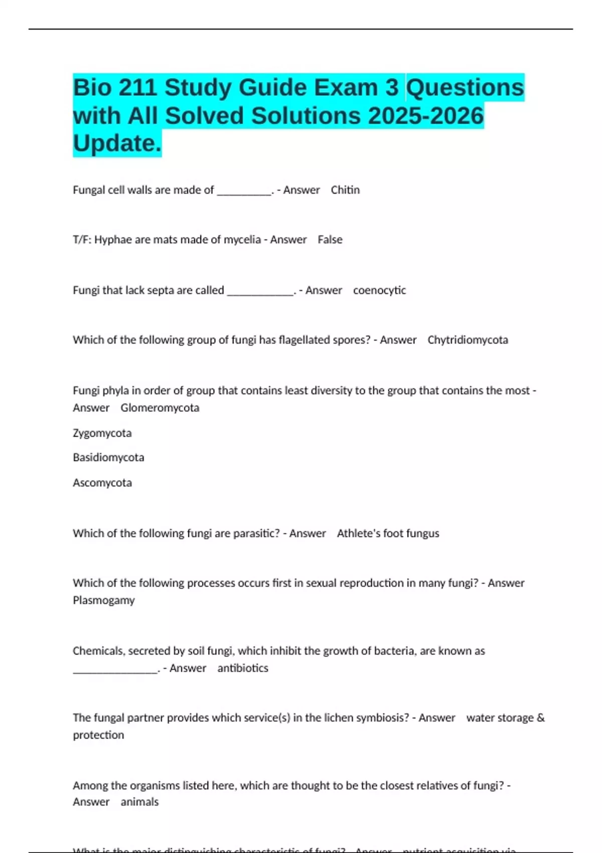 Bio 211 Study Guide Exam 3 Questions with All Solved Solutions Update ...