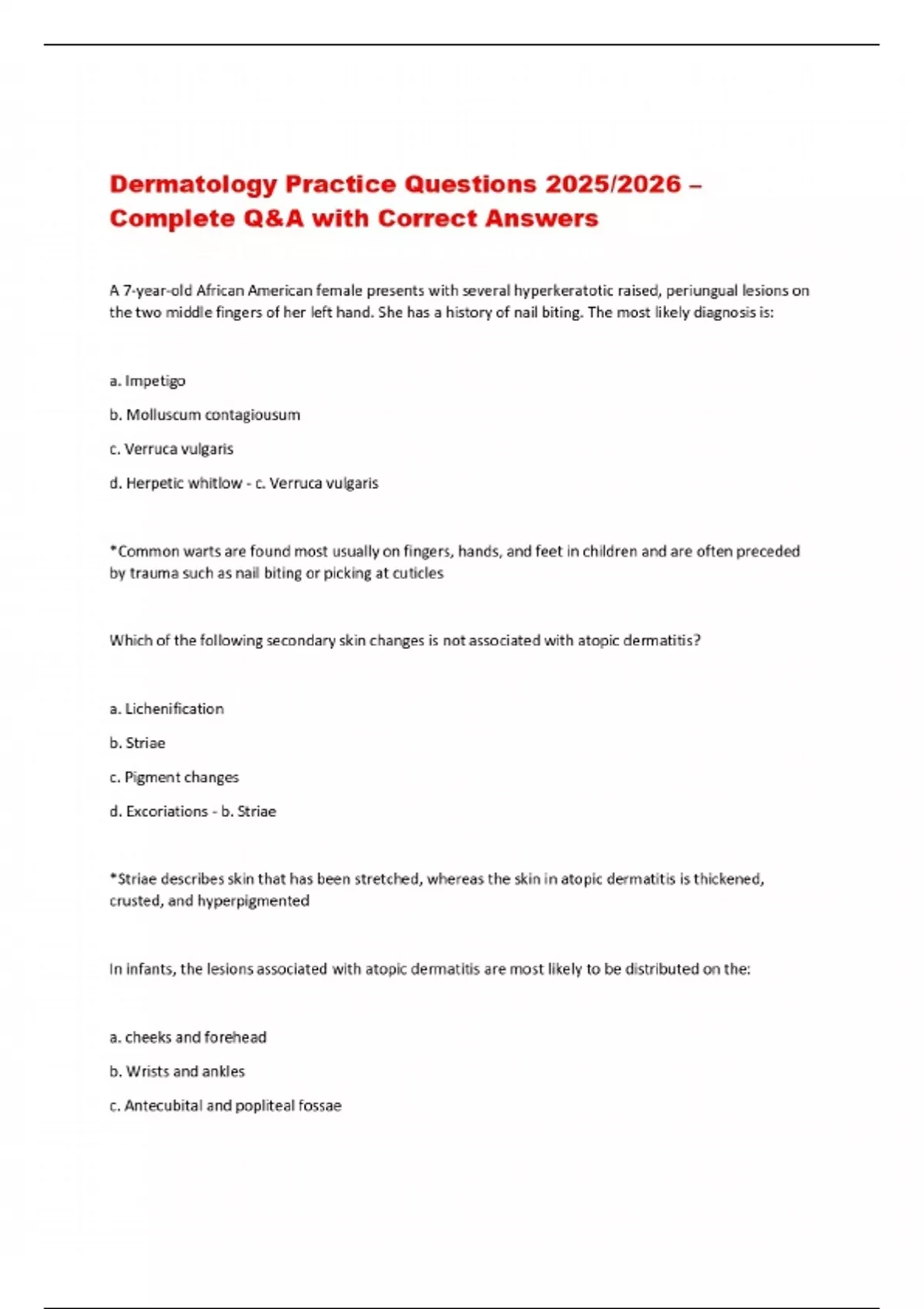 Dermatology Practice Questions 2025/2026 – Complete Q&A with Correct ...