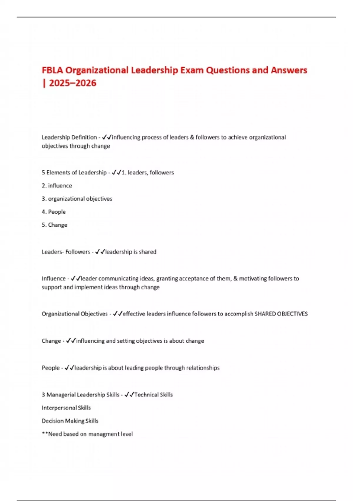 FBLA Organizational Leadership Exam Questions and Answers | 2025–2026 ...