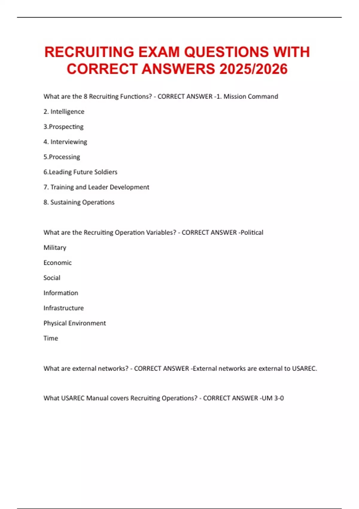 RECRUITING EXAM QUESTIONS WITH CORRECT ANSWERS 2025/2026 - Army - Stuvia US