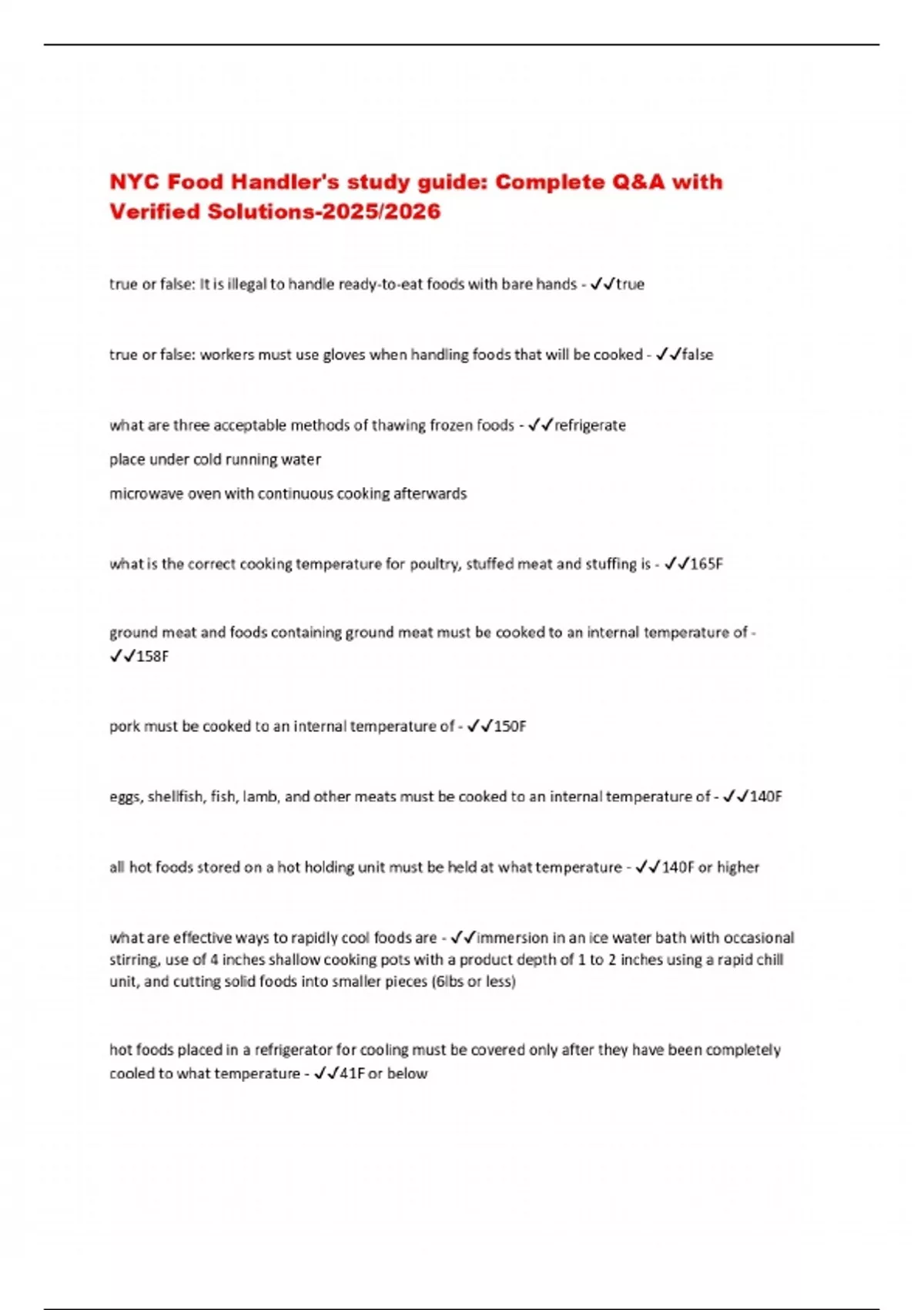 NYC Food Handler's study guide: Complete Q&amp;A with Verified Solutions ...