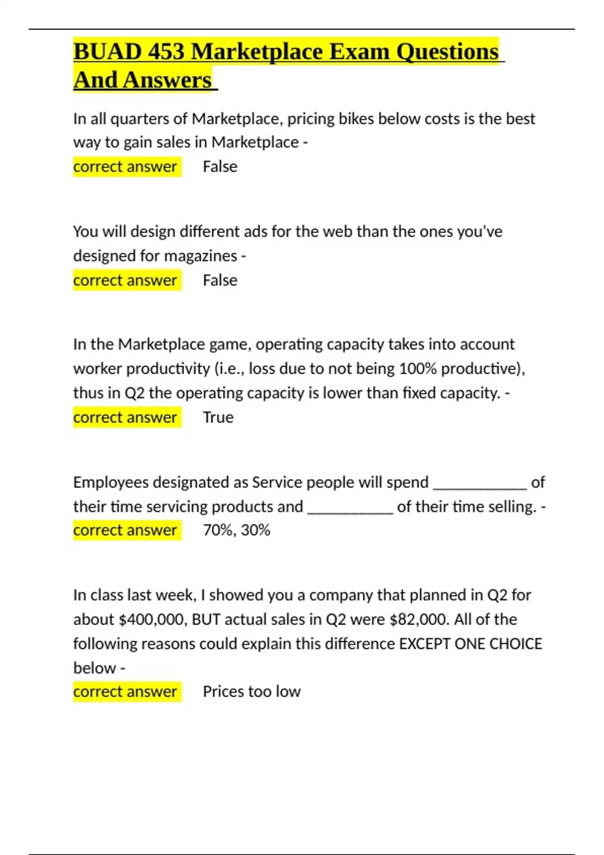 BUAD 453 Marketplace Exam Questions And Answers.docx - BUAD - Stuvia US