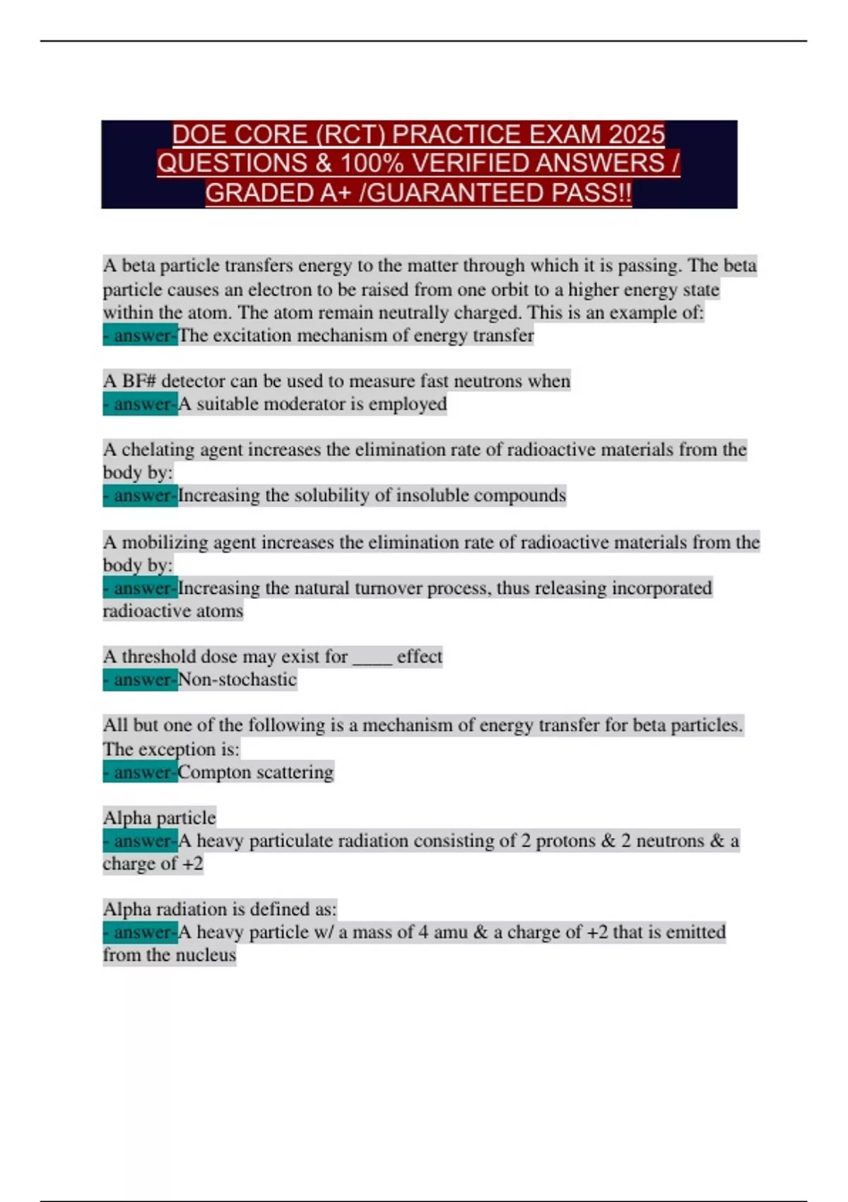 Doe Rct DOE CORE (RCT) Practice Exam 2025: 100% Verified Answers, Graded A+ ...