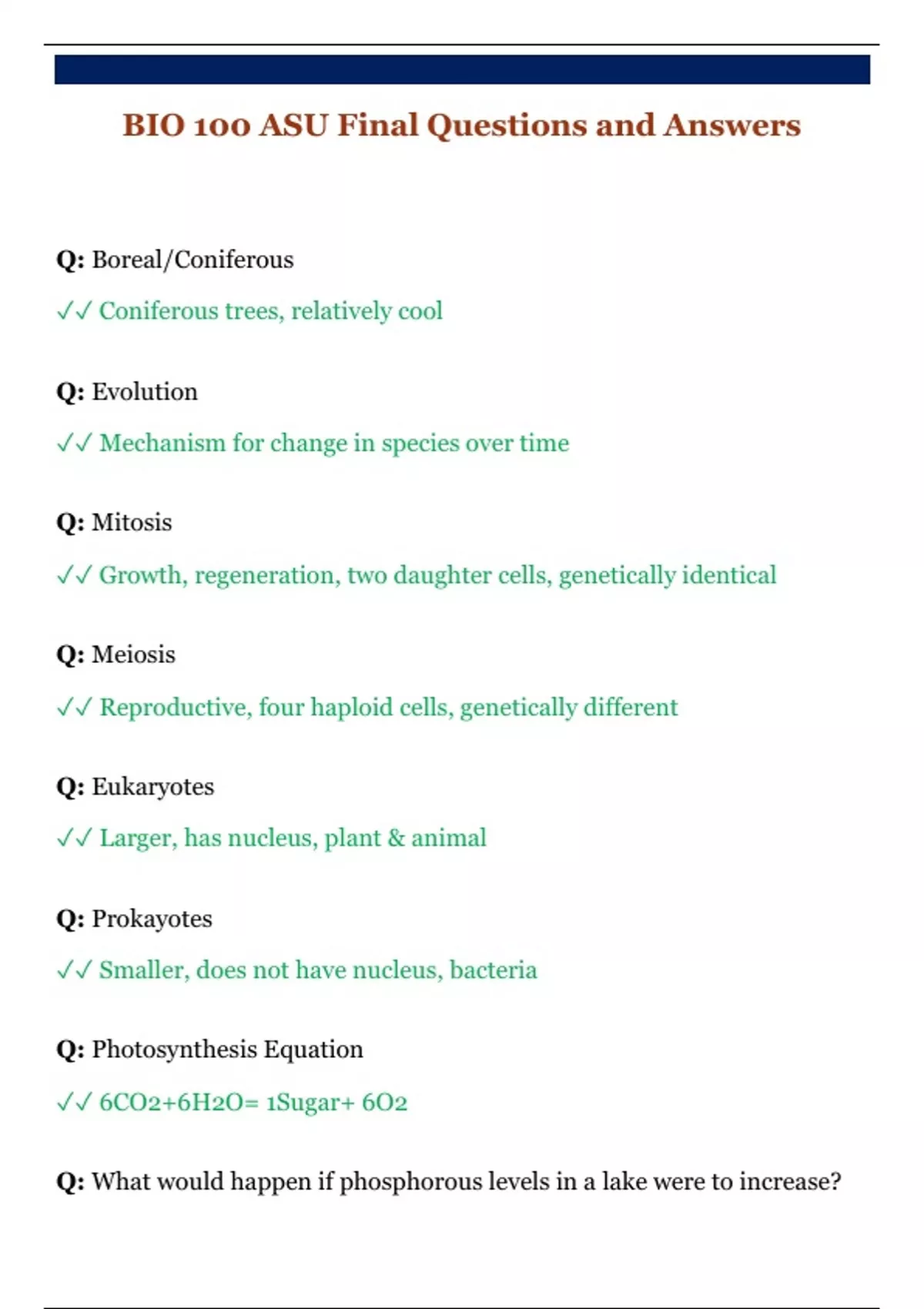BIO 100 ASU Final Questions and Answers - BIO 100 - Stuvia US