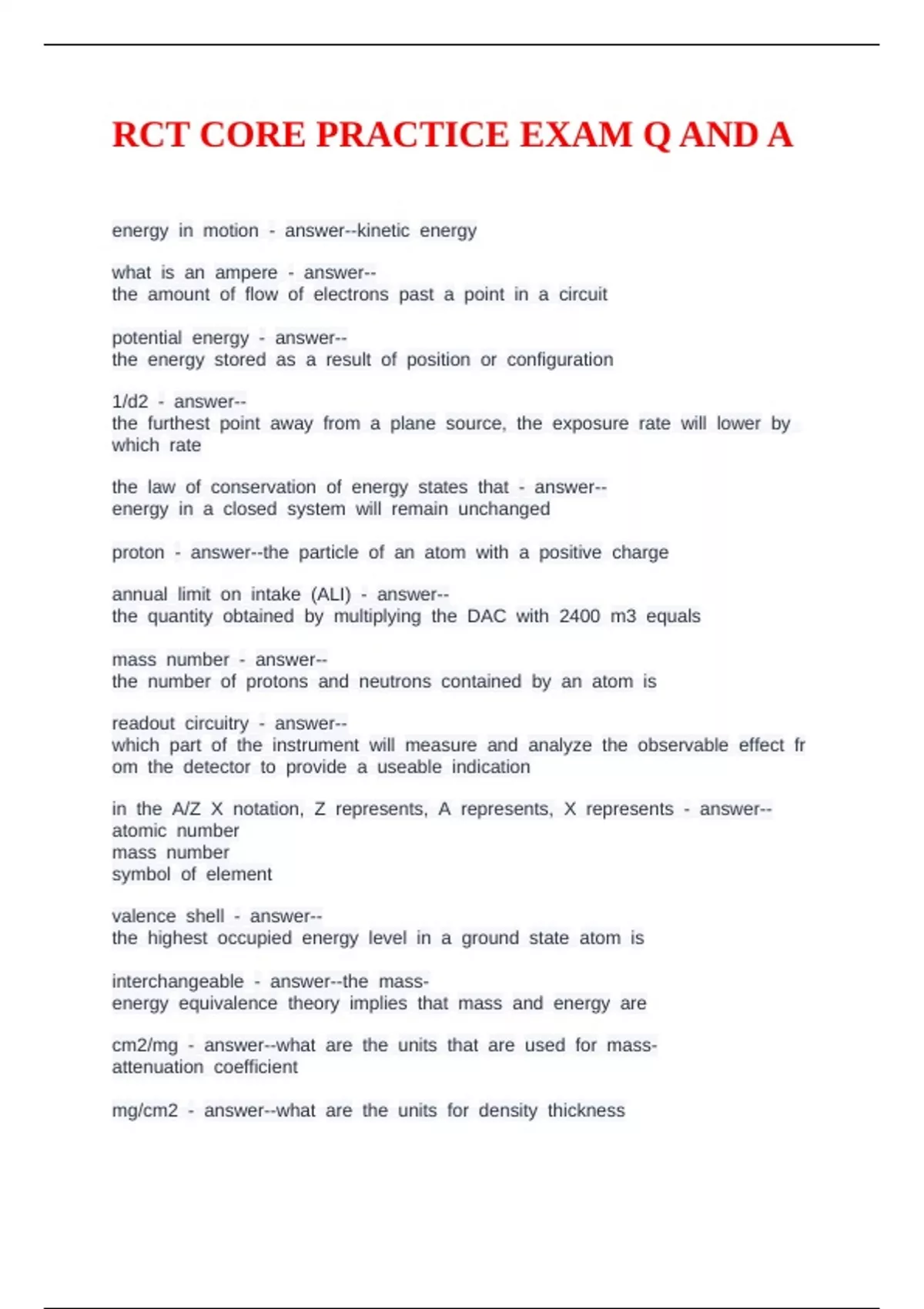 RCT CORE PRACTICE EXAM Q AND A - DOE Core - Stuvia US