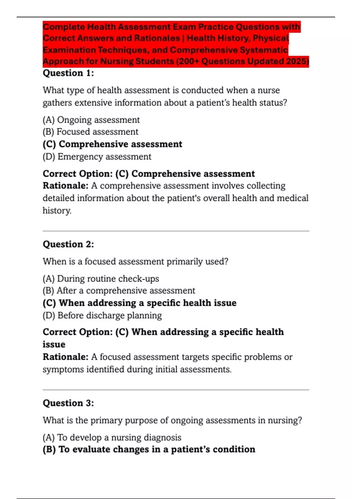 Complete Health Assessment Exam Practice Questions with Correct Answers ...