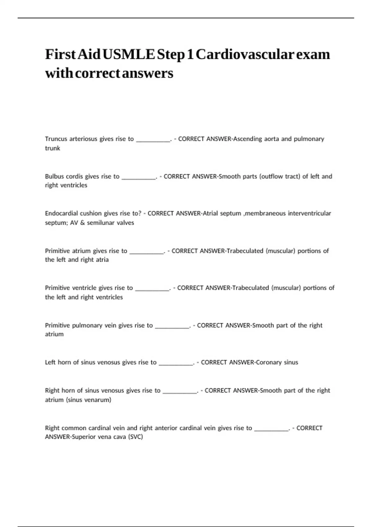 First Aid USMLE Step 1 Cardiovascular exam with correct answers - First ...