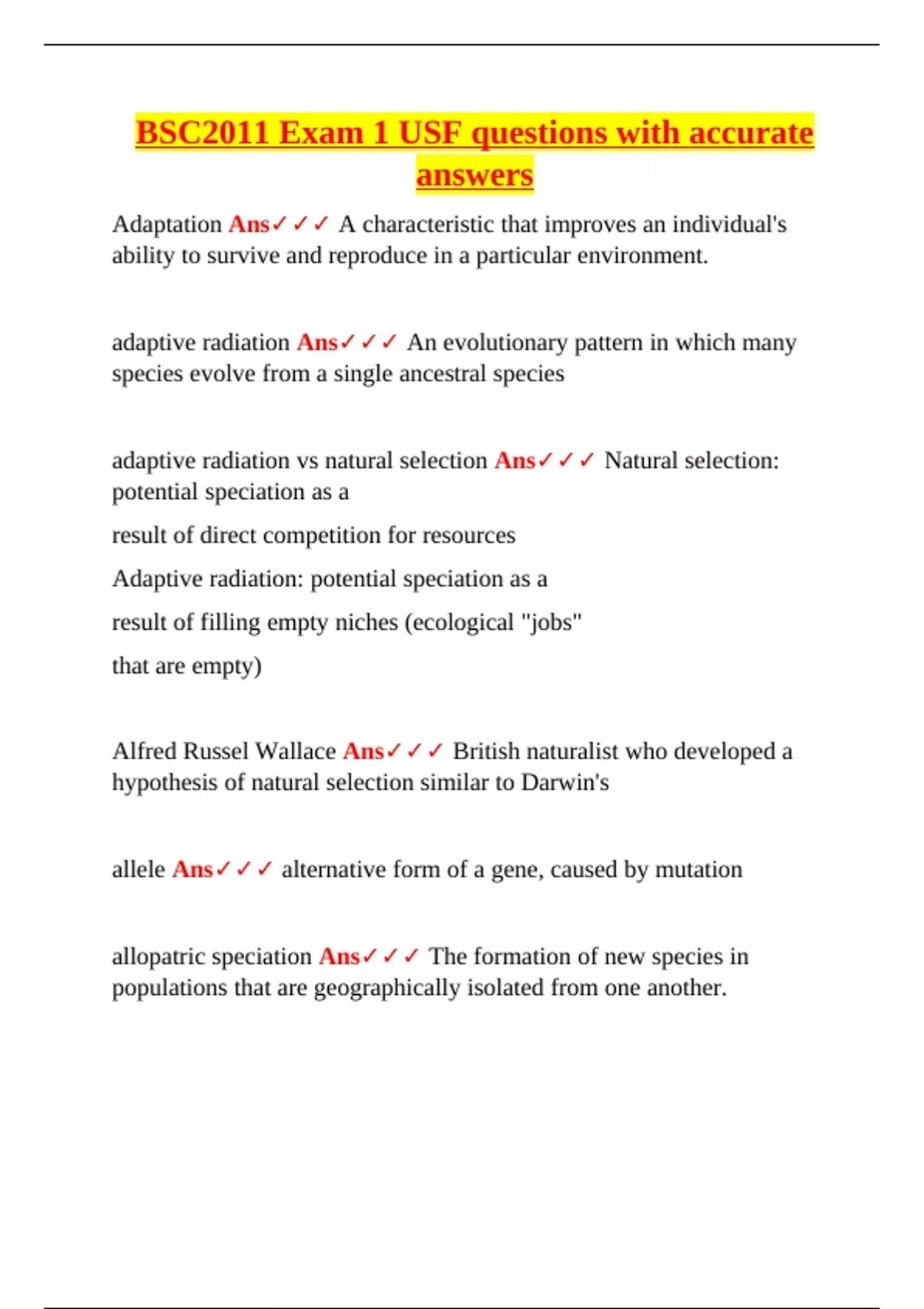 BSC2011 Exam 1 USF questions with accurate answers - BSC 2011 - Stuvia US