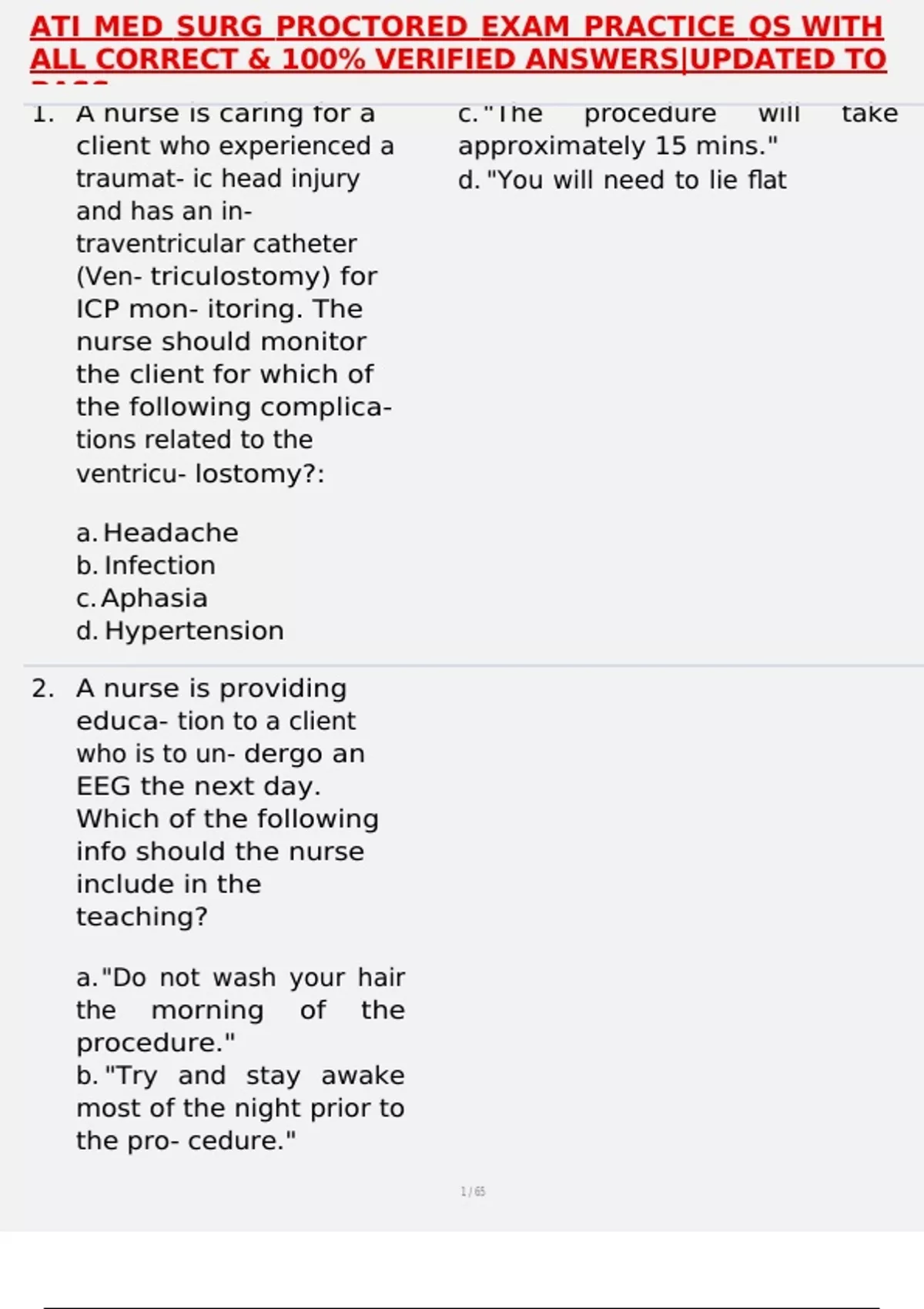 ATI MED SURG PROCTORED EXAM PRACTICE QS WITH ALL CORRECT & 100% ...