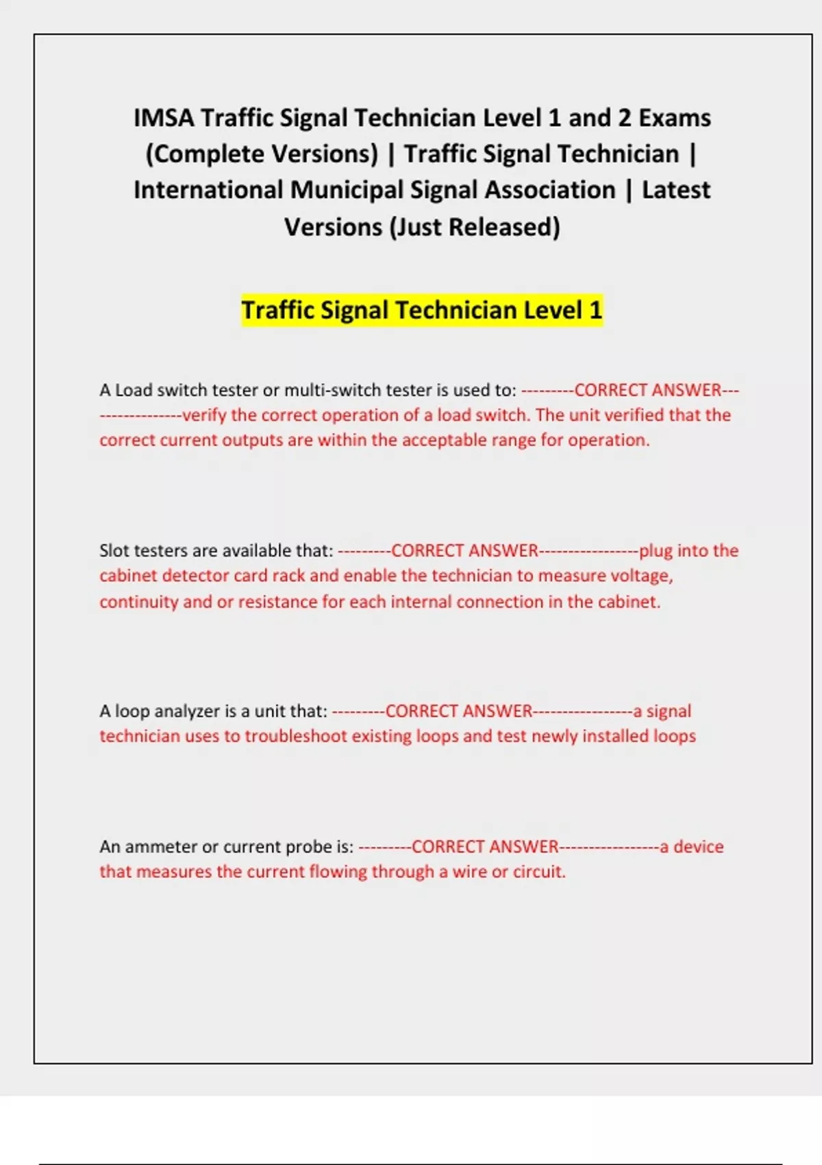 IMSA Traffic Signal Technician Level 1 and 2 Exams (Complete Versions ...