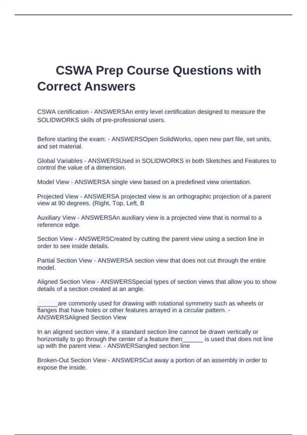 CSWA Prep Course Questions with Correct Answers - CSWA Prep Course ...