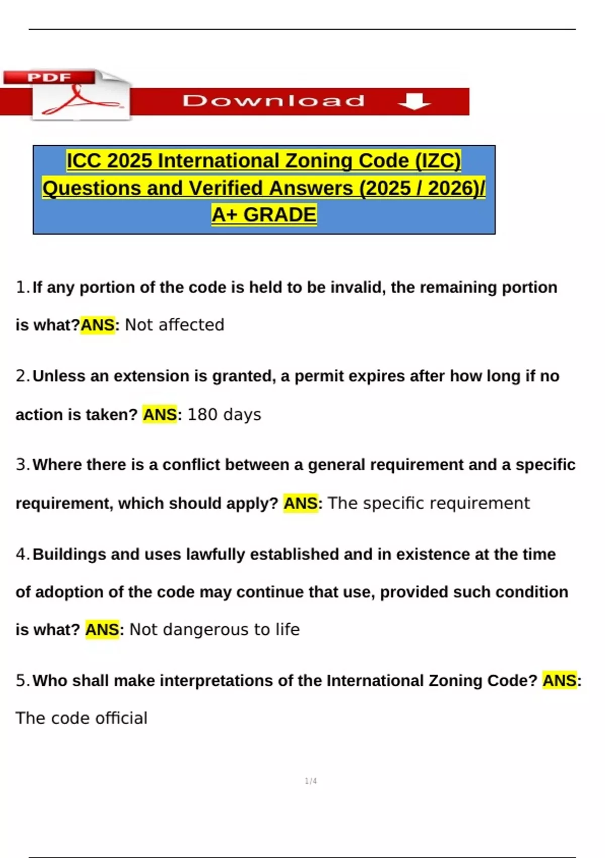 ICC 2025 International Zoning Code (IZC) Questions and Verified Answers ...