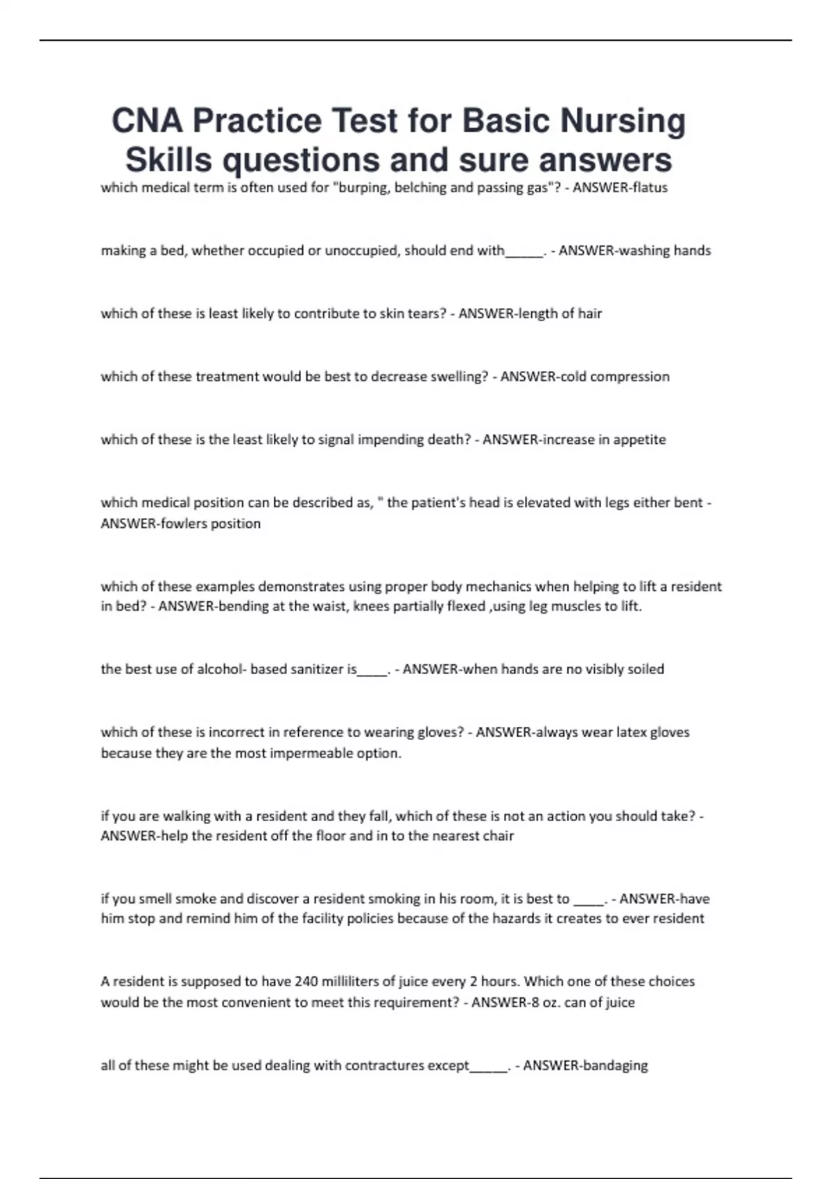 CNA Practice Test for Basic Nursing Skills questions and sure answers ...