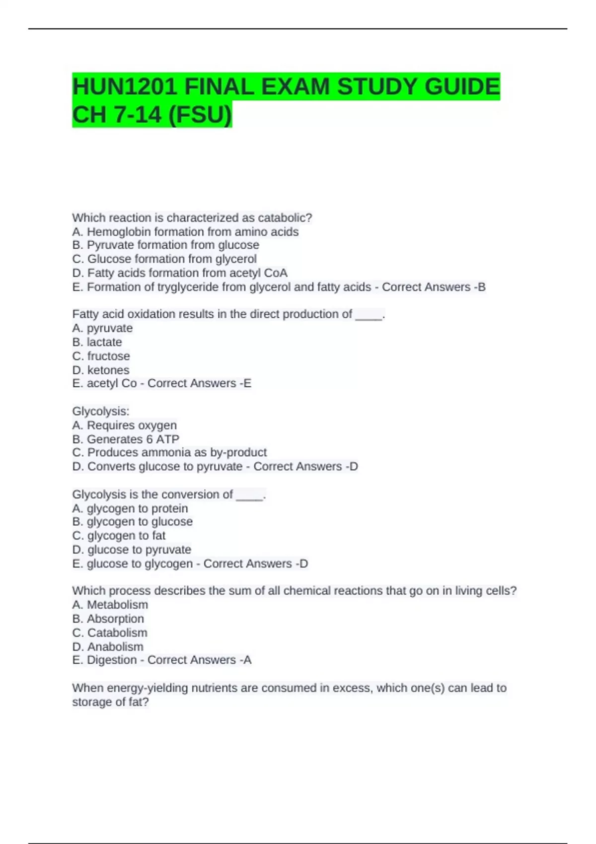 HUN1201 FINAL EXAM STUDY GUIDE CH 7-14 (FSU) QUESTIONS AND ANSWERS ...